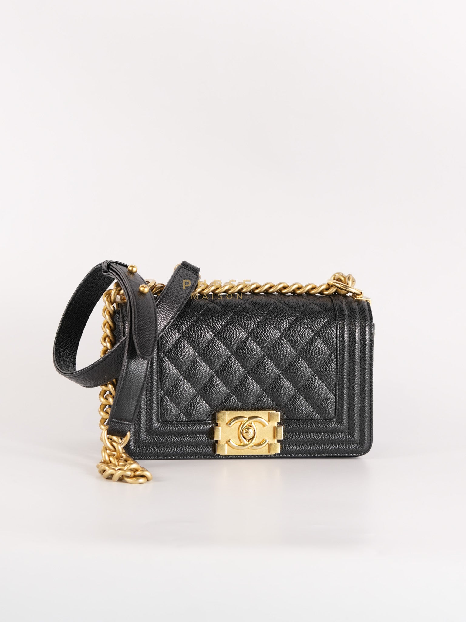 Boy Small in Black Caviar Leather & Gold Hardware Microchip | Purse Maison Luxury Bags Shop