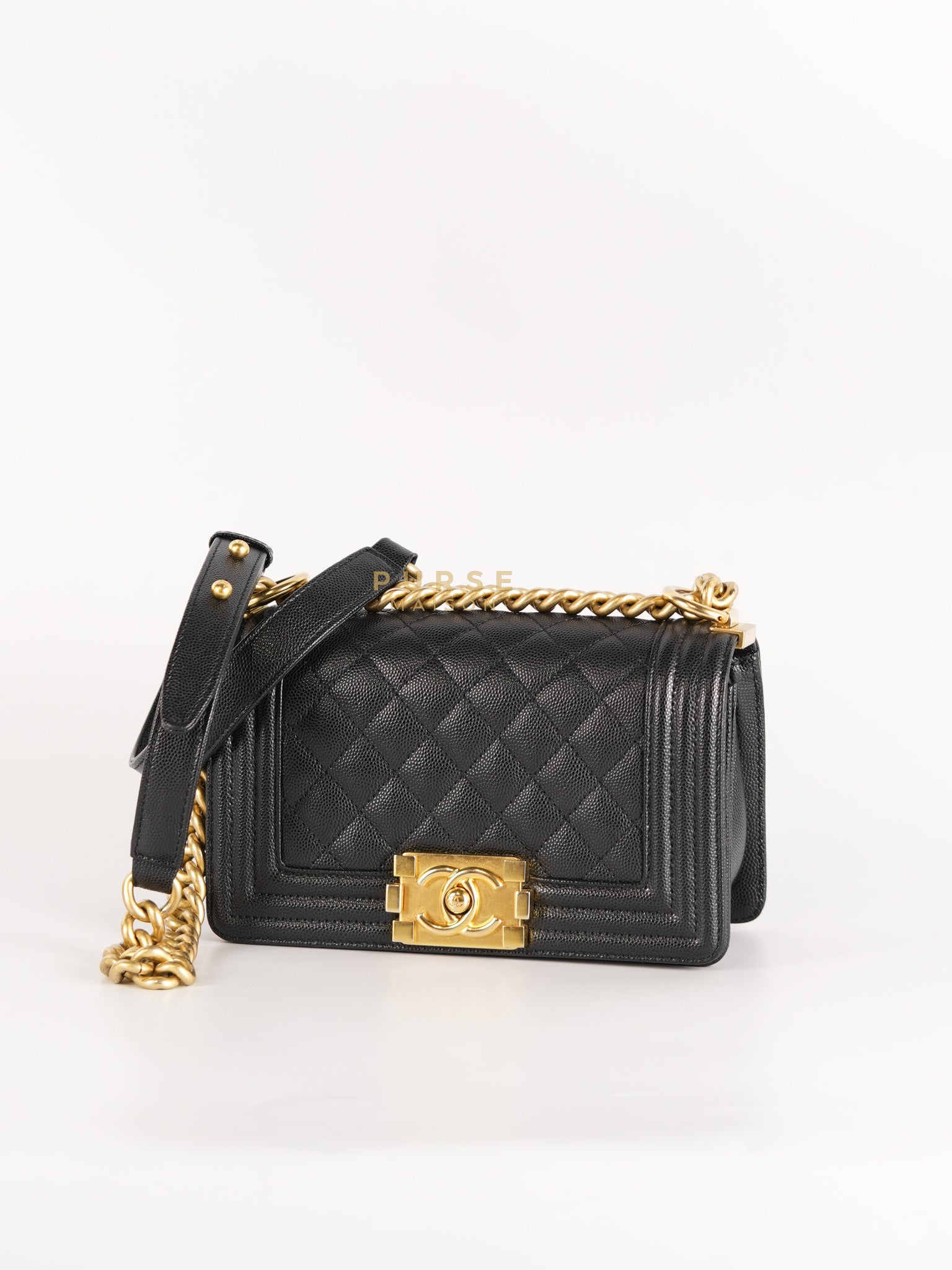 Boy Small in Black Caviar Leather & Gold Hardware Microchip | Purse Maison Luxury Bags Shop