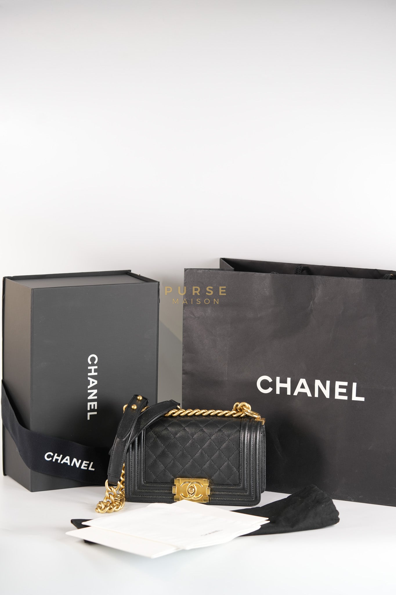 Boy Small in Black Caviar Leather & Gold Hardware Microchip | Purse Maison Luxury Bags Shop