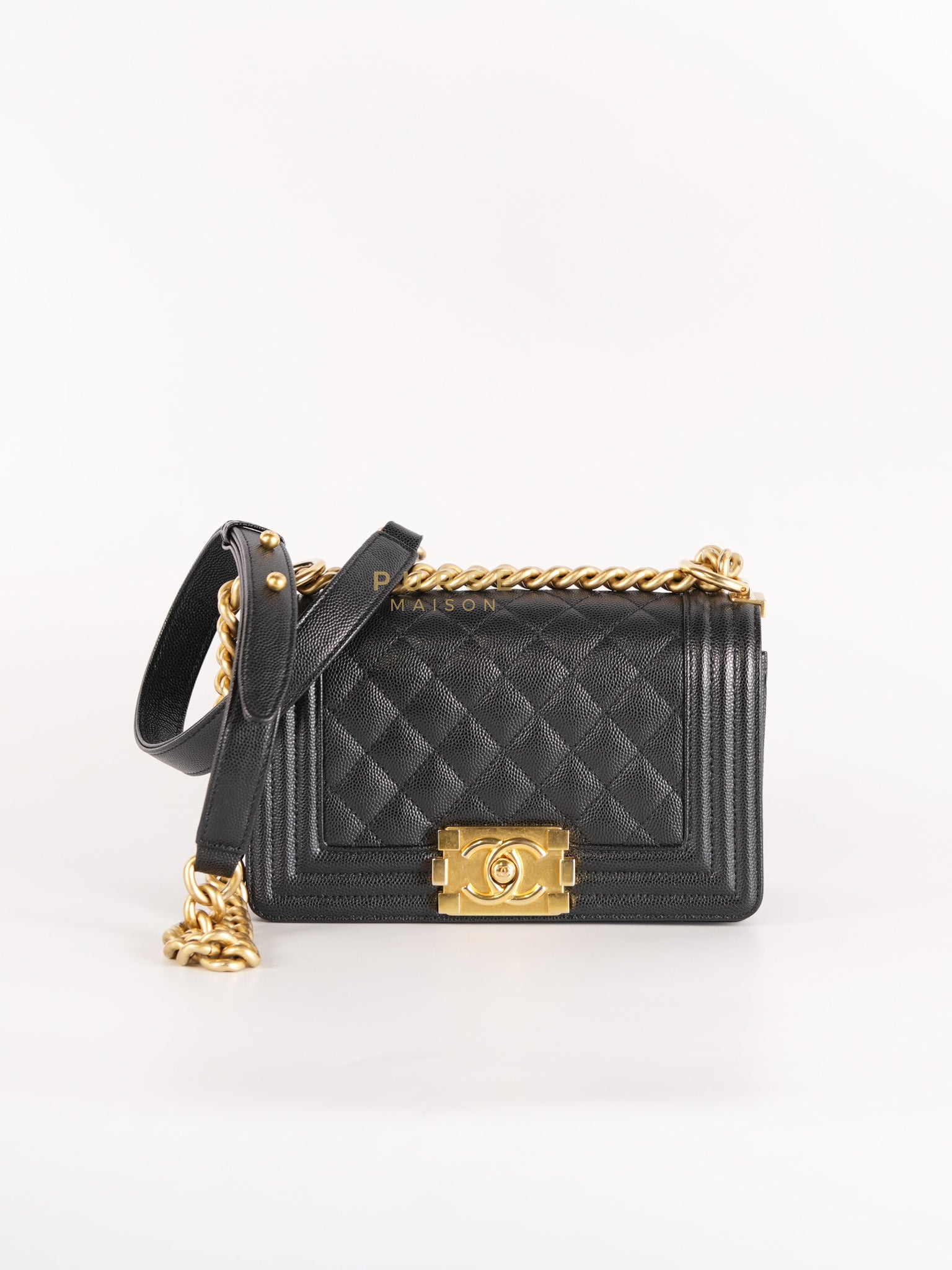 Boy Small in Black Caviar Leather & Gold Hardware Microchip | Purse Maison Luxury Bags Shop