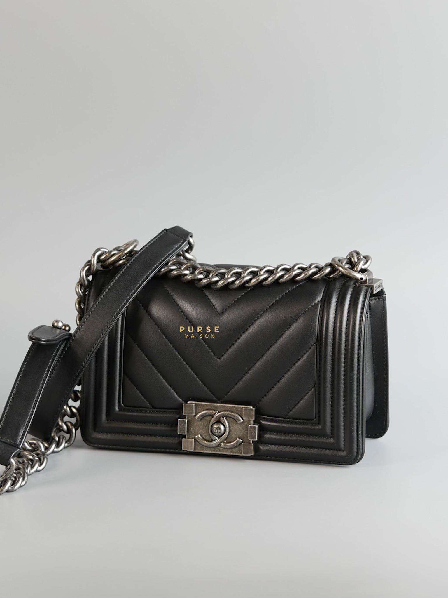 Boy Small in Black Chevron Calfskin & Ruthenium Hardware Series 26 | Purse Maison Luxury Bags Shop