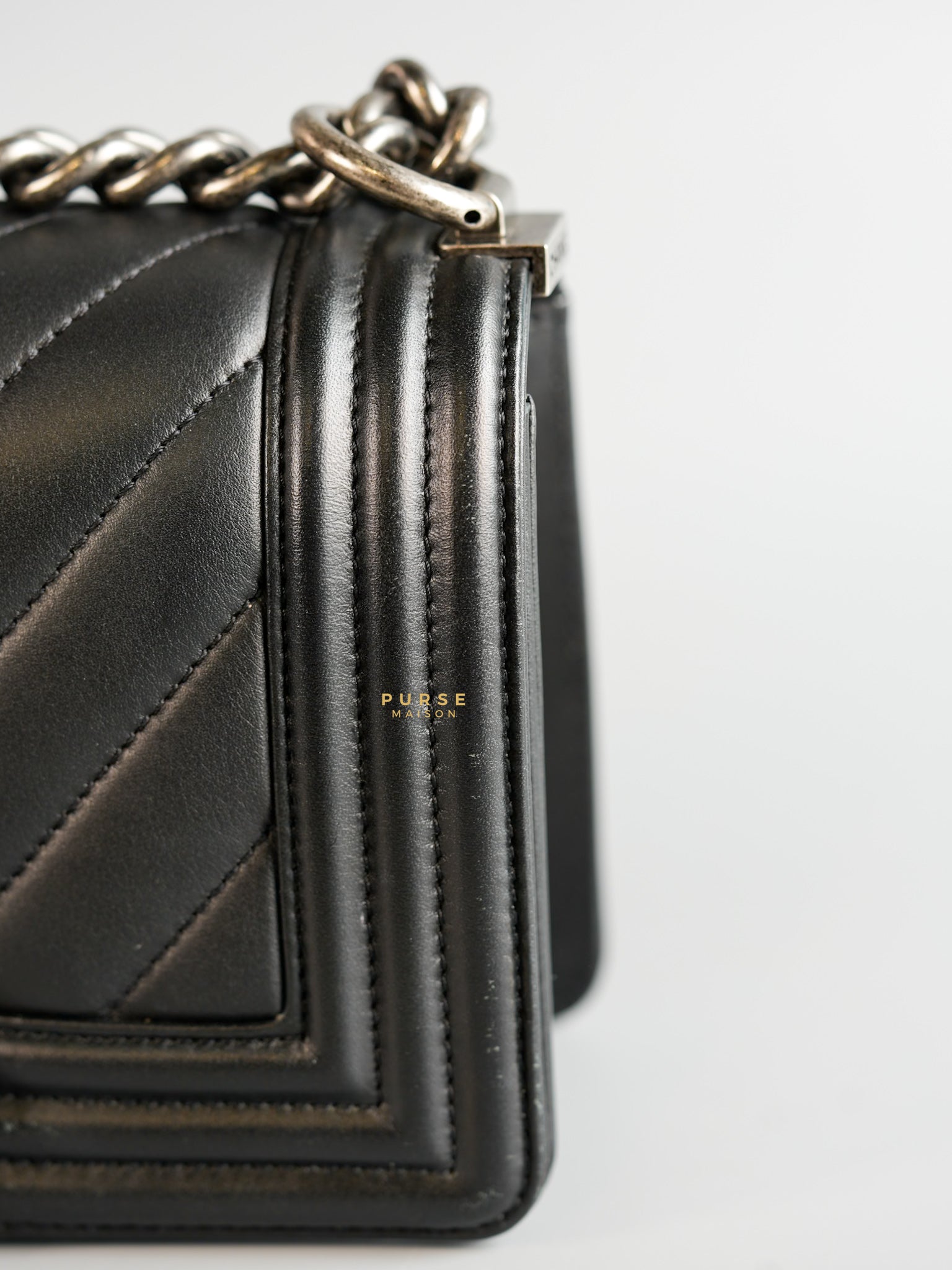 Boy Small in Black Chevron Calfskin & Ruthenium Hardware Series 26 | Purse Maison Luxury Bags Shop