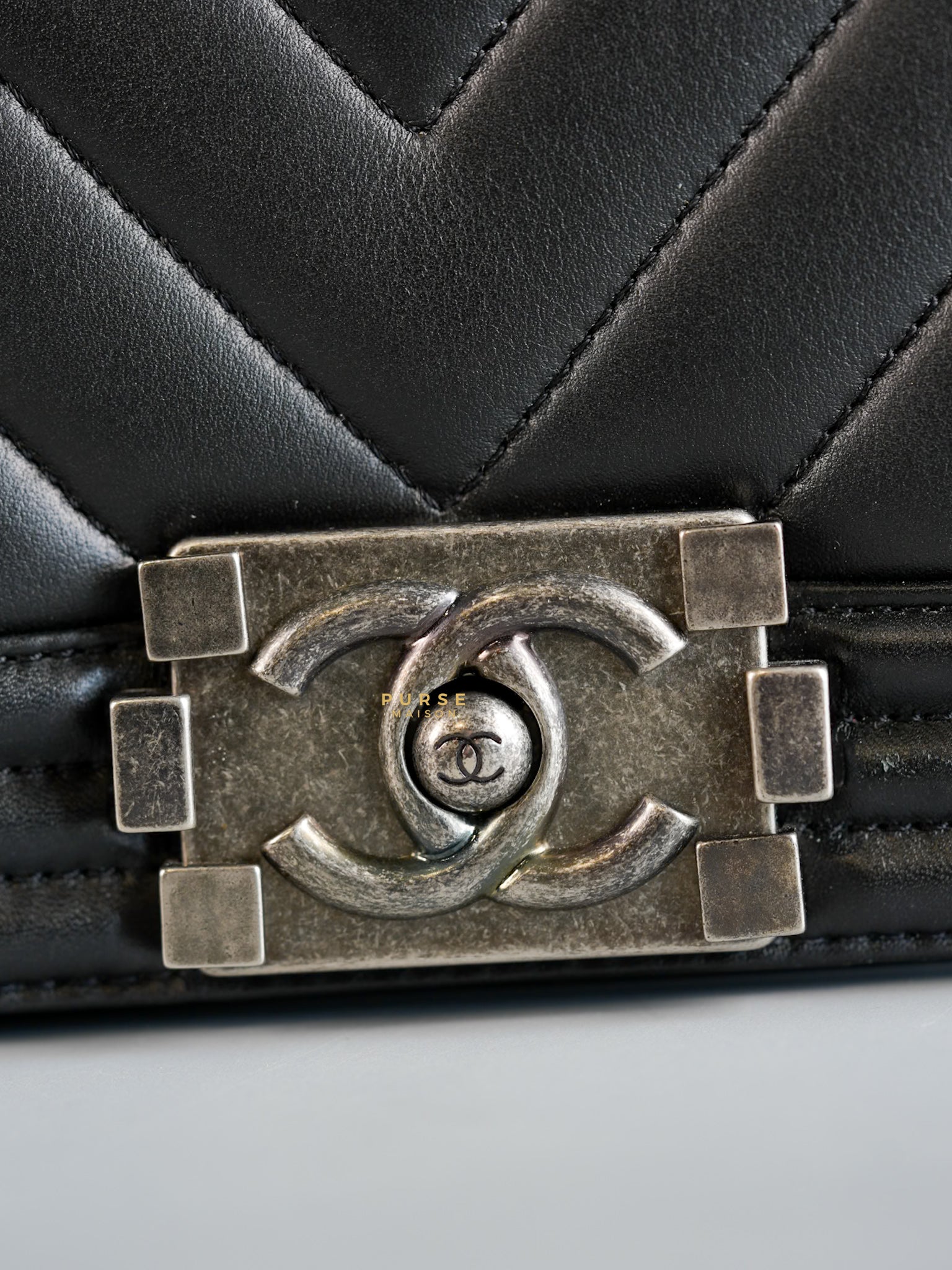 Boy Small in Black Chevron Calfskin & Ruthenium Hardware Series 26 | Purse Maison Luxury Bags Shop