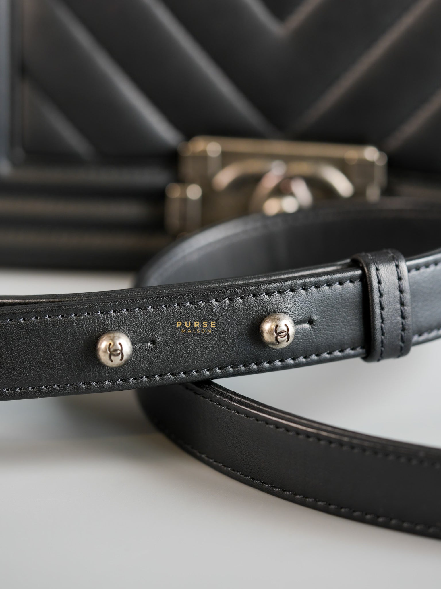 Boy Small in Black Chevron Calfskin & Ruthenium Hardware Series 26 | Purse Maison Luxury Bags Shop