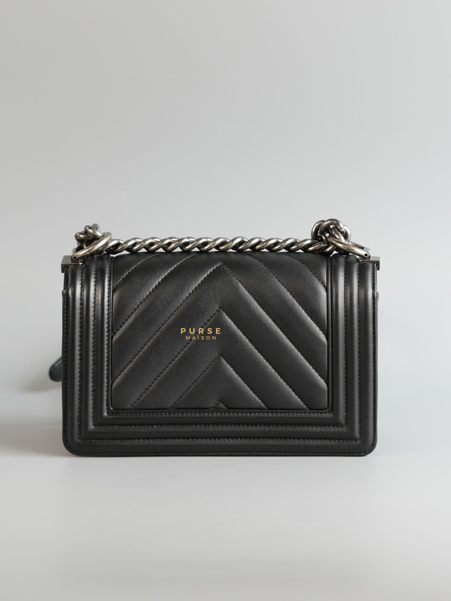 Boy Small in Black Chevron Calfskin & Ruthenium Hardware Series 26 | Purse Maison Luxury Bags Shop