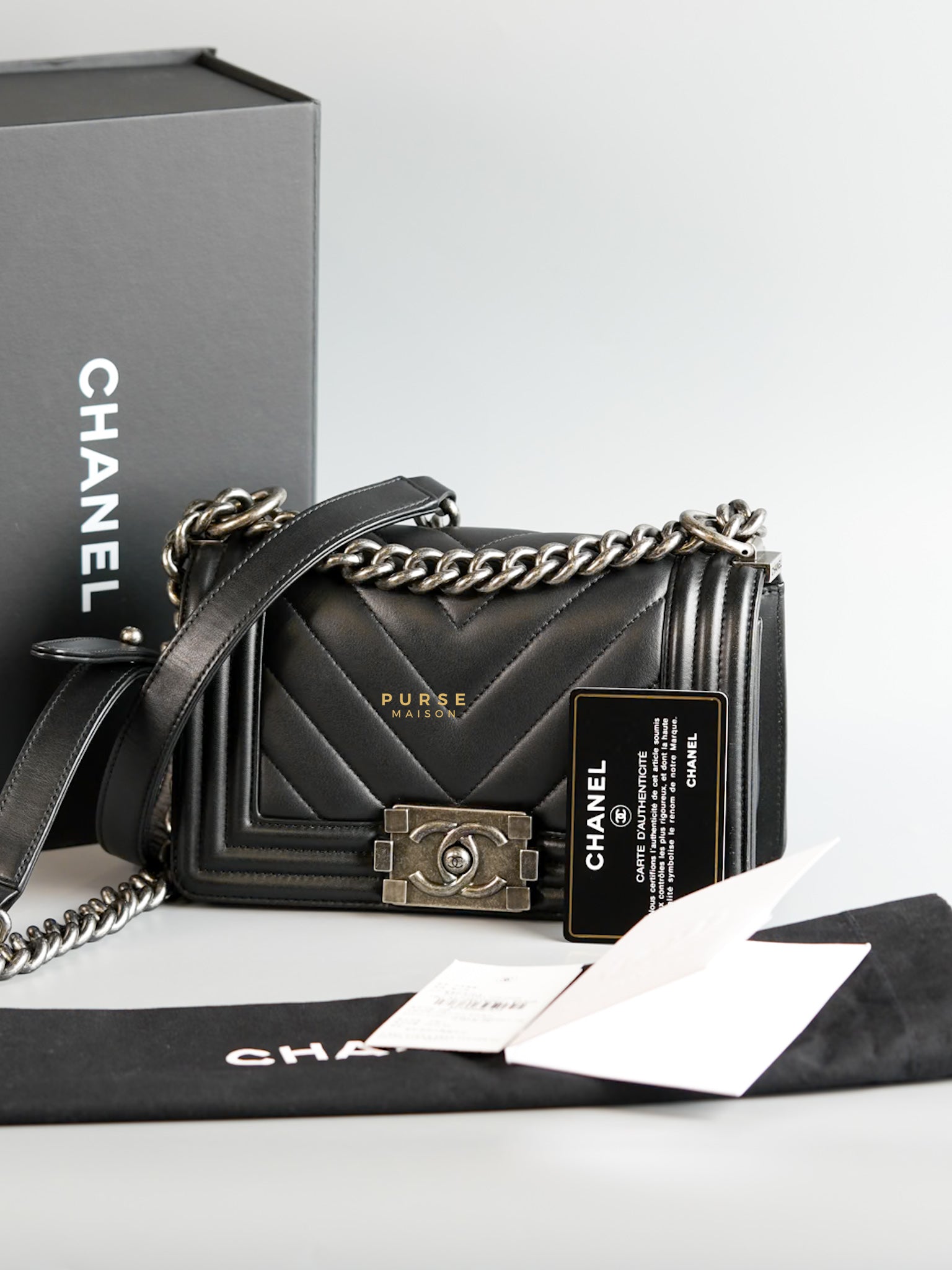 Boy Small in Black Chevron Calfskin & Ruthenium Hardware Series 26 | Purse Maison Luxury Bags Shop