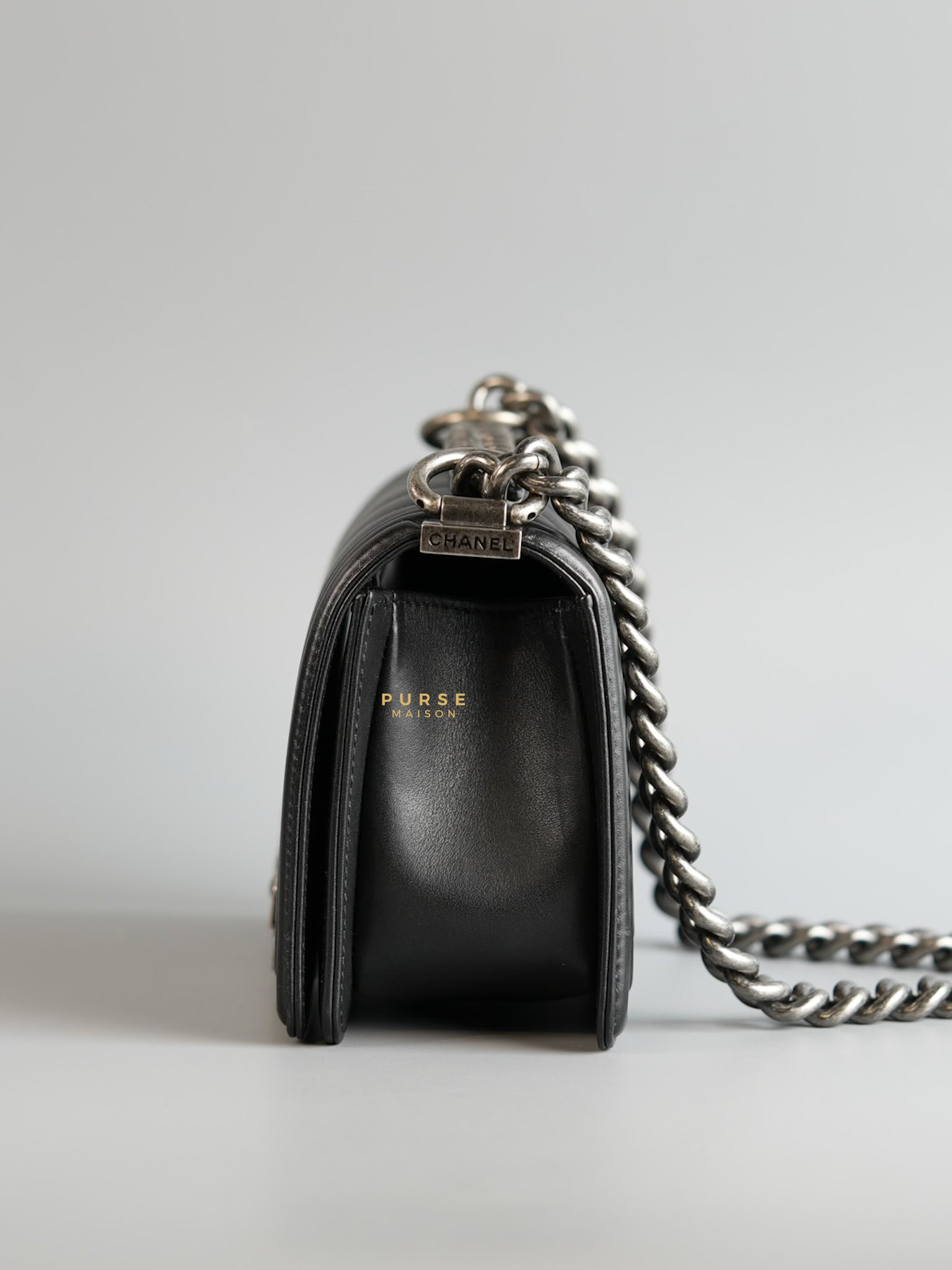 Boy Small in Black Chevron Calfskin & Ruthenium Hardware Series 26 | Purse Maison Luxury Bags Shop