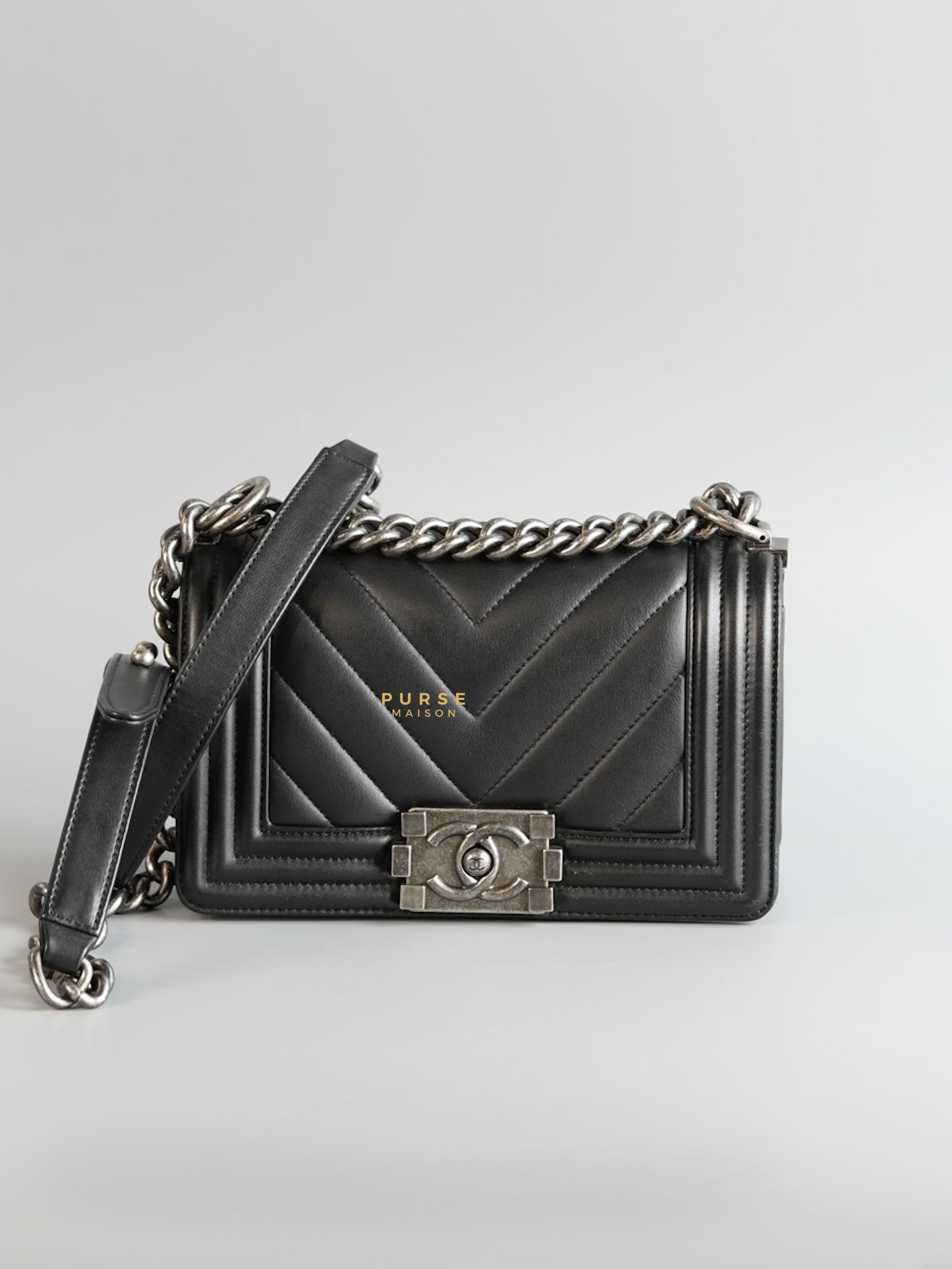 Boy Small in Black Chevron Calfskin & Ruthenium Hardware Series 26 | Purse Maison Luxury Bags Shop