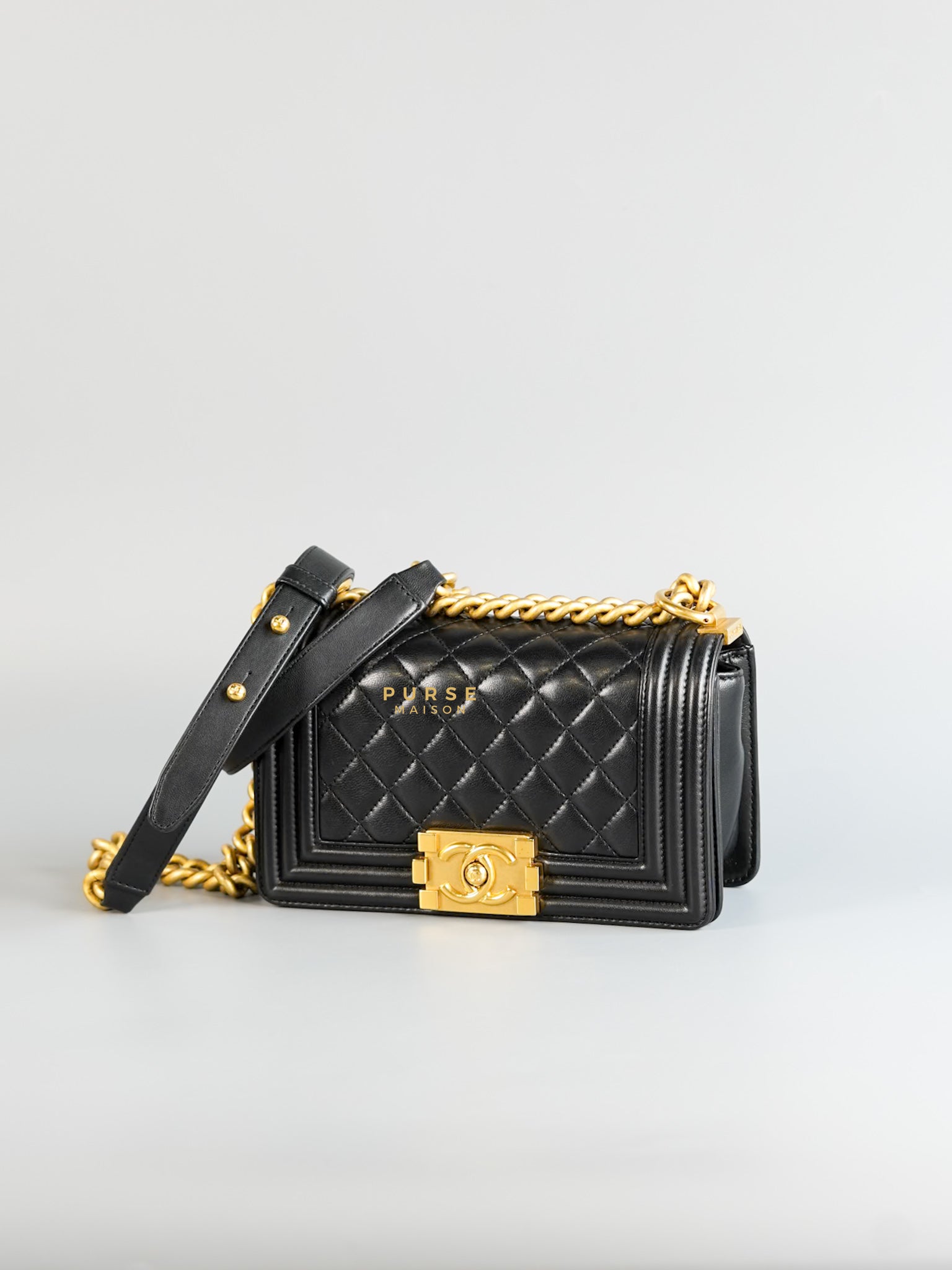 Boy Small in Black Lambskin Leather and Aged Gold Hardware Series 24 | Purse Maison Luxury Bags Shop