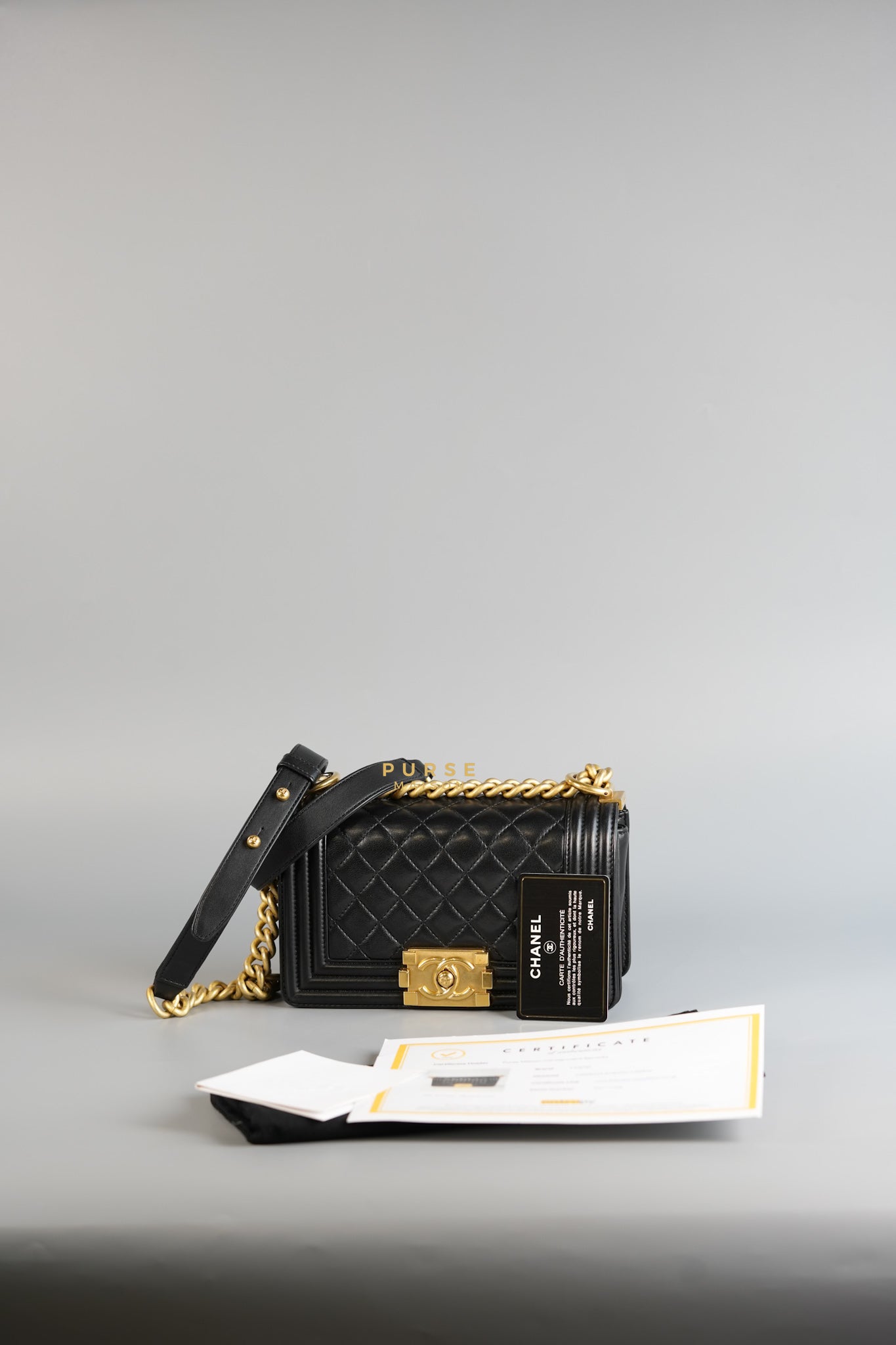 Boy Small in Black Lambskin Leather and Aged Gold Hardware Series 24 | Purse Maison Luxury Bags Shop