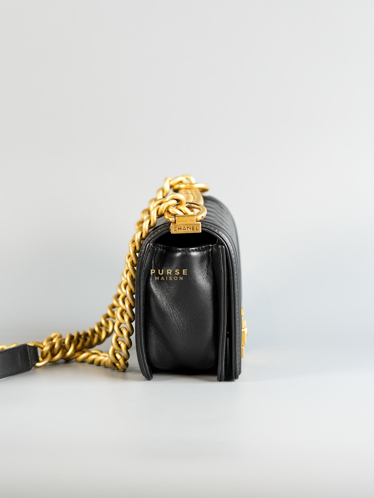 Boy Small in Black Lambskin Leather and Aged Gold Hardware Series 24 | Purse Maison Luxury Bags Shop