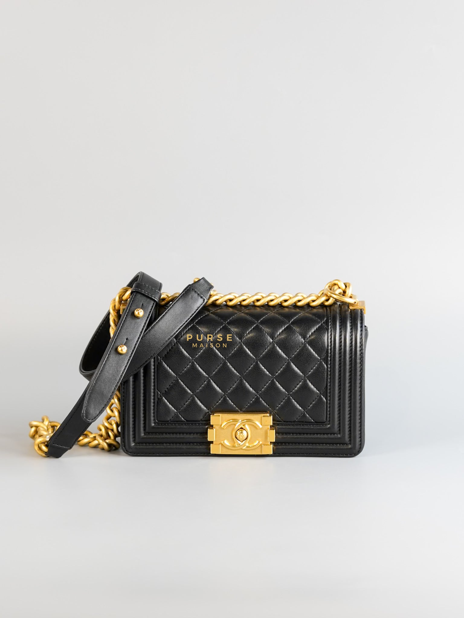 Boy Small in Black Lambskin Leather and Aged Gold Hardware Series 24 | Purse Maison Luxury Bags Shop