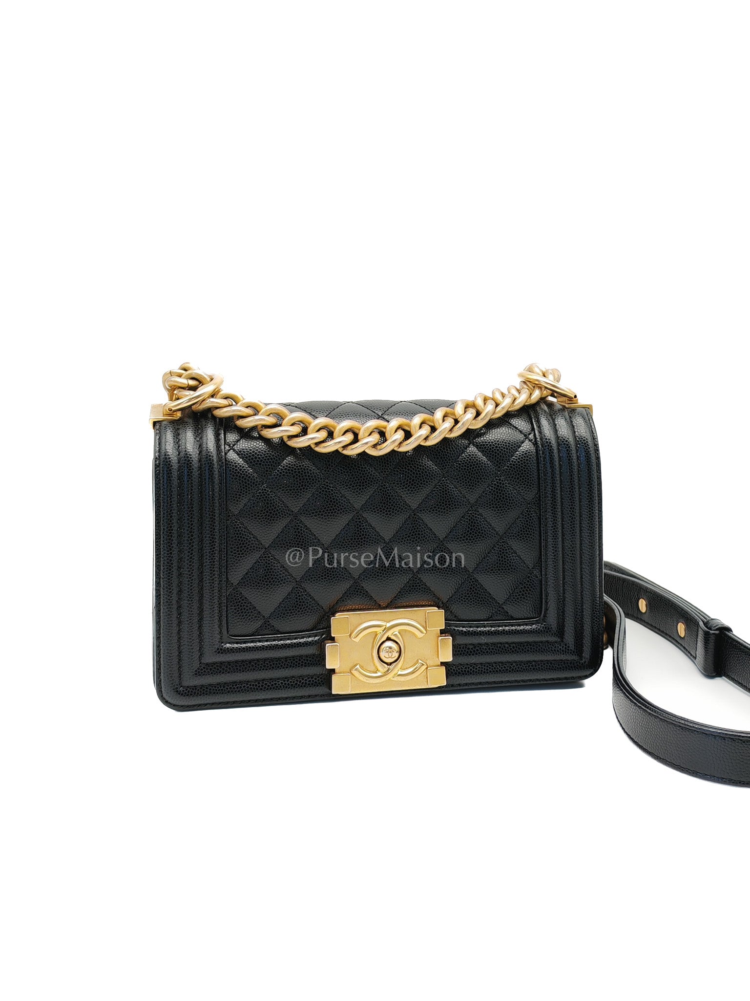 Boy Small in Black Quilted Calfskin Leather and Aged Gold Hardware (Microchip) | Purse Maison Luxury Bags Shop