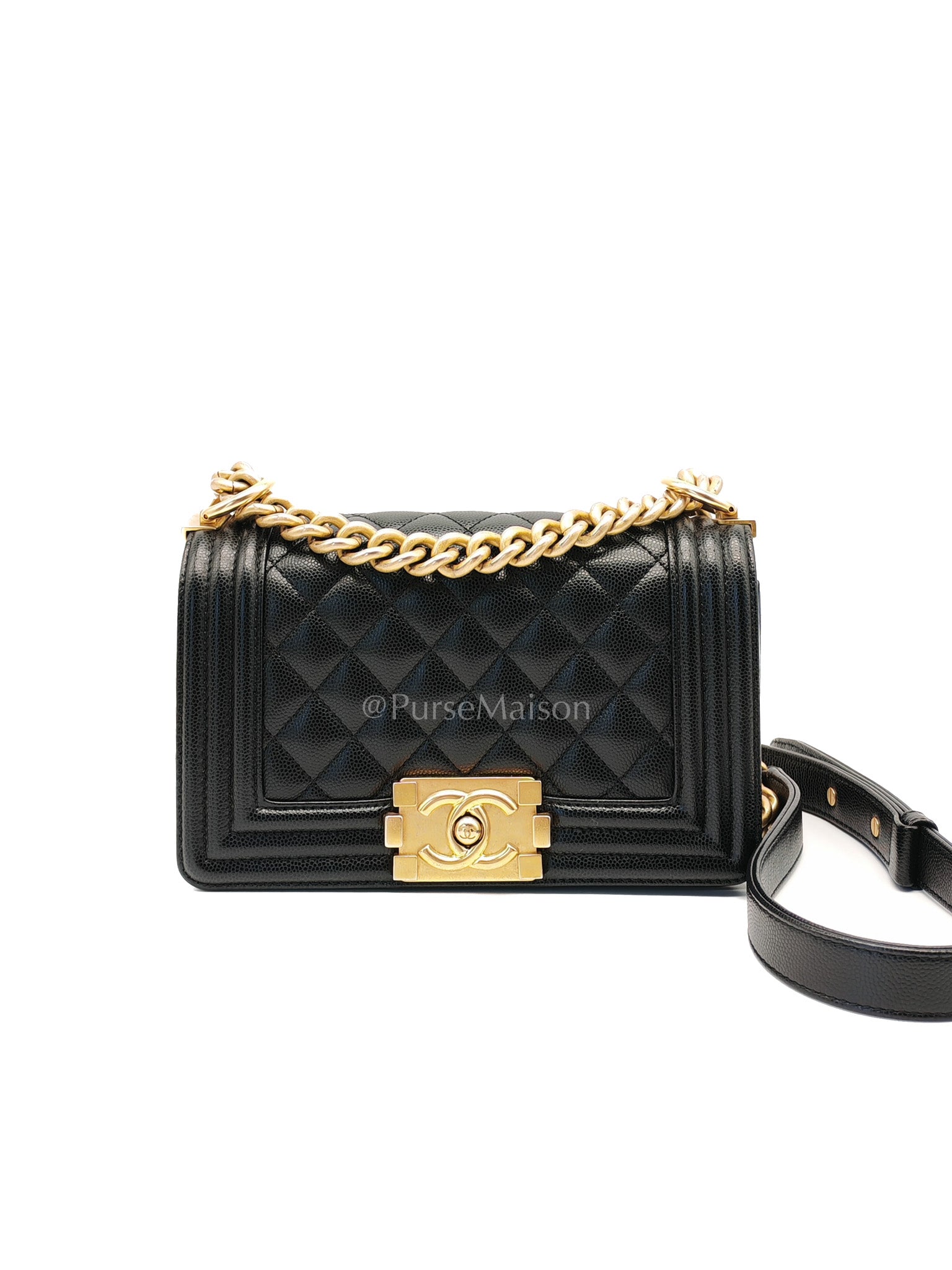 Boy Small in Black Quilted Calfskin Leather and Aged Gold Hardware (Microchip) | Purse Maison Luxury Bags Shop