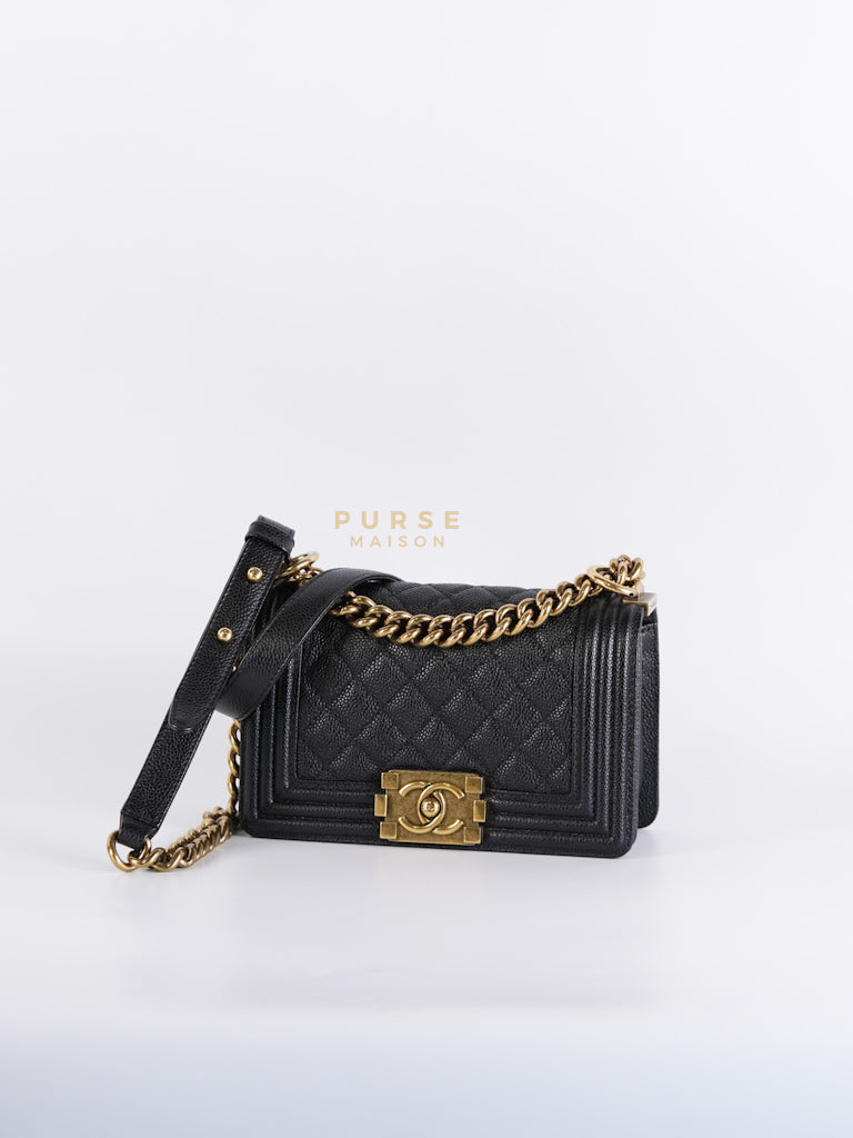 Boy Small in Black Quilted Caviar Leather & Aged Gold Hardware Series 19 | Purse Maison Luxury Bags Shop