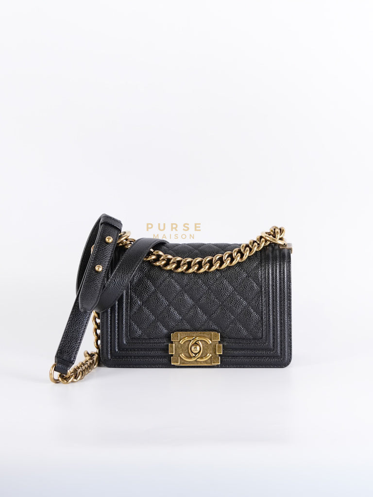Boy Small in Black Quilted Caviar Leather & Aged Gold Hardware Series 19 | Purse Maison Luxury Bags Shop