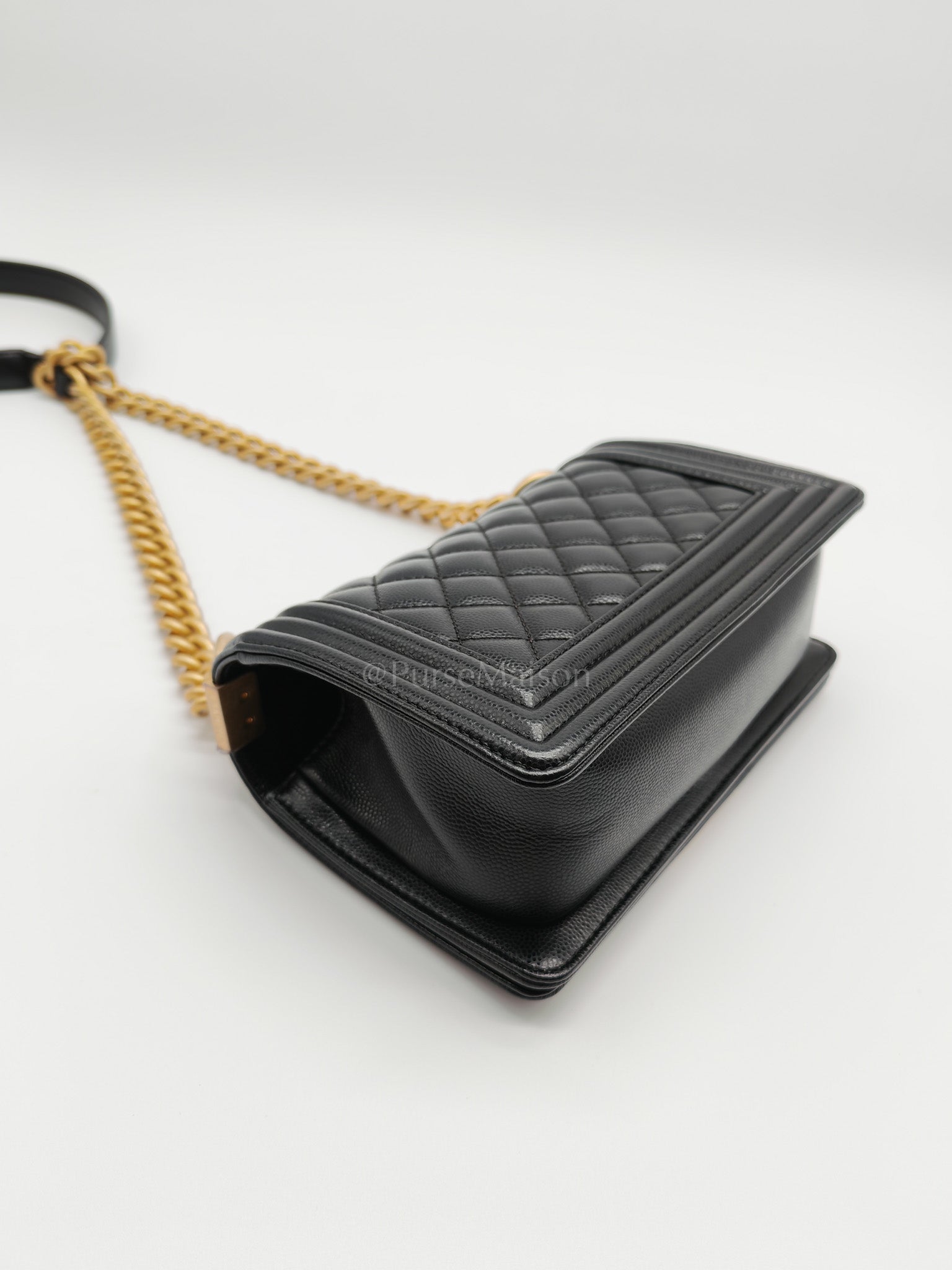 Boy Small in Black Quilted Caviar Leather and Aged Gold Hardware Series 29 | Purse Maison Luxury Bags Shop
