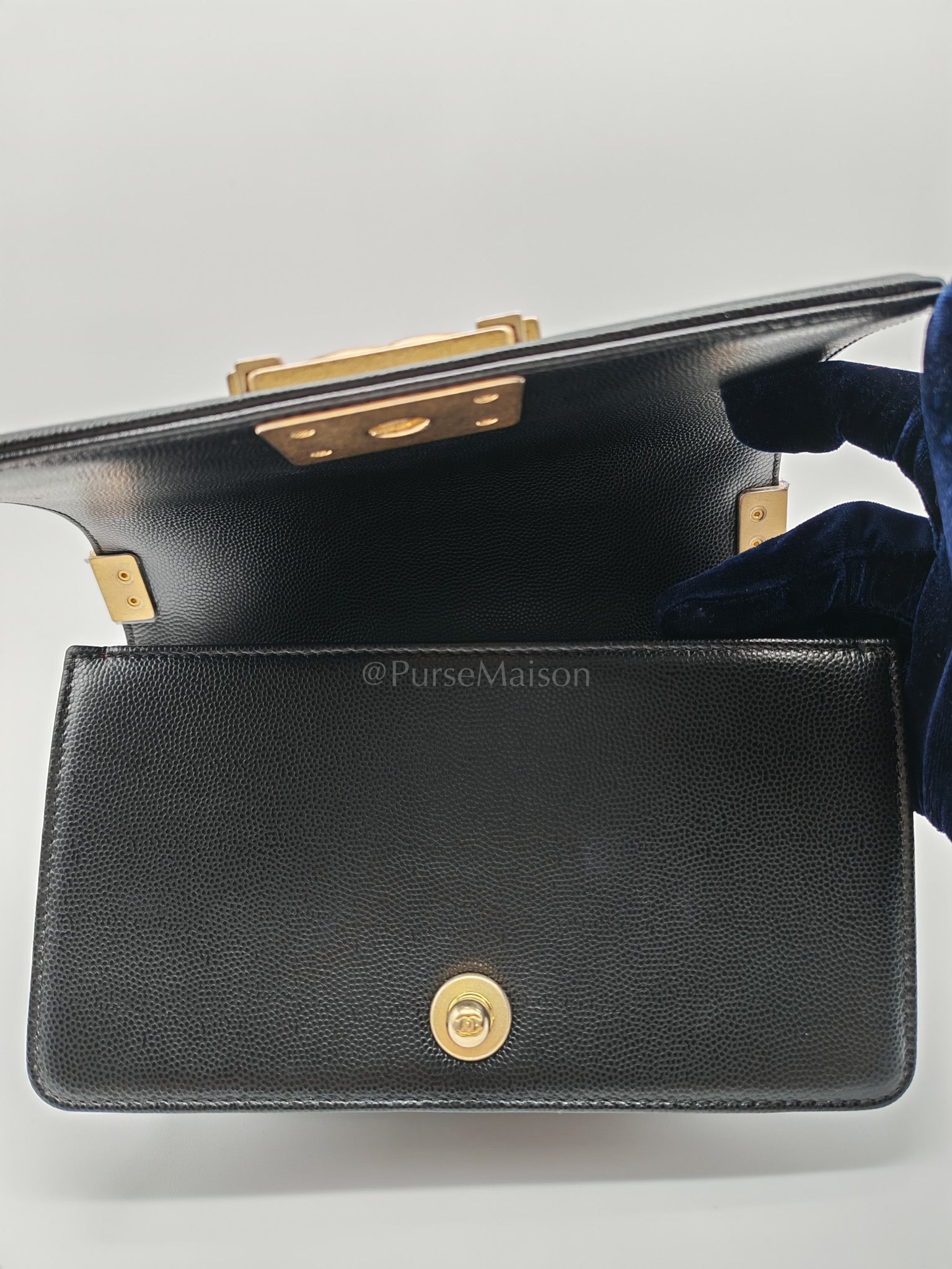 Boy Small in Black Quilted Caviar Leather and Aged Gold Hardware Series 29 | Purse Maison Luxury Bags Shop