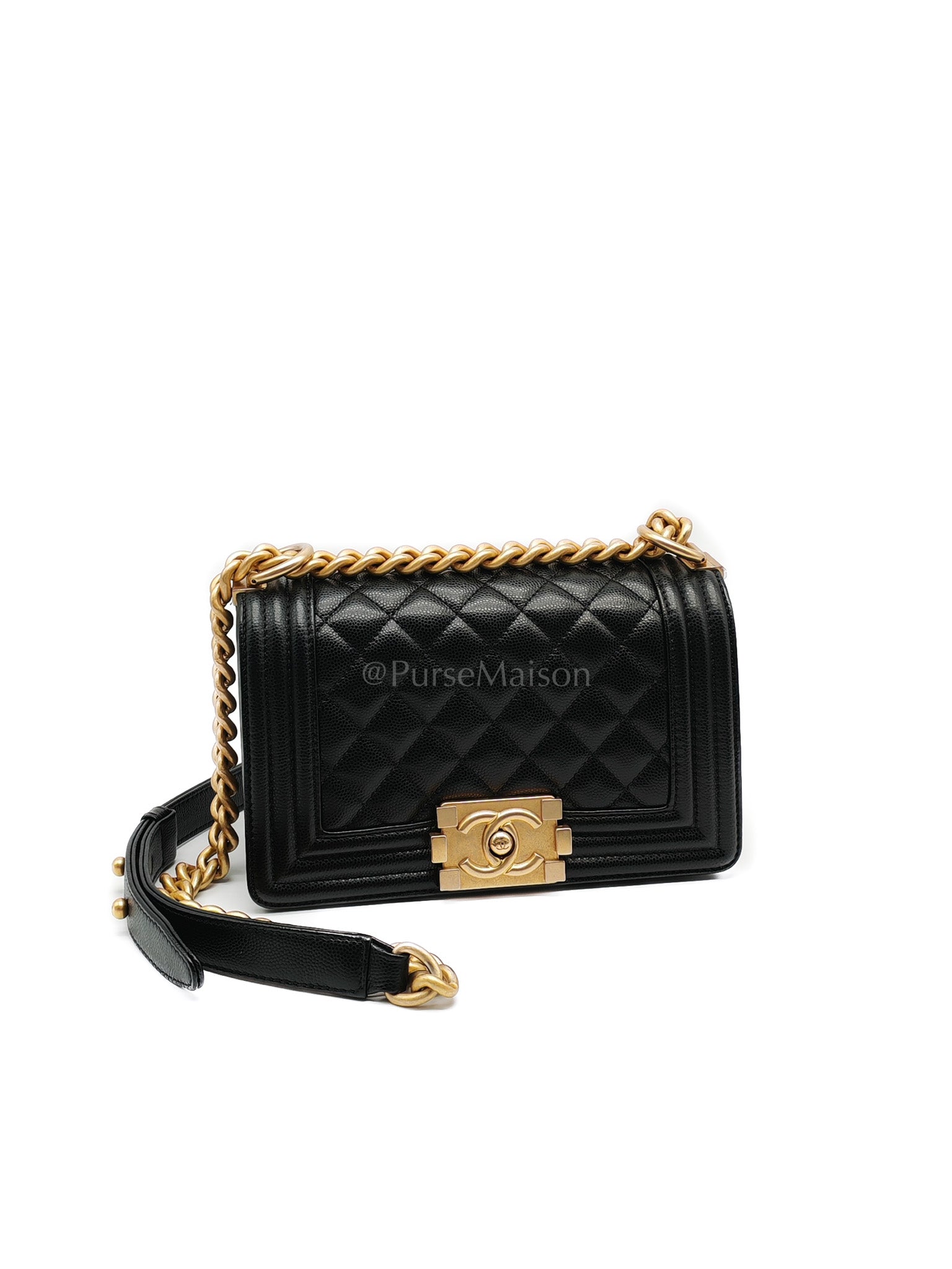 Boy Small in Black Quilted Caviar Leather and Aged Gold Hardware Series 29 | Purse Maison Luxury Bags Shop