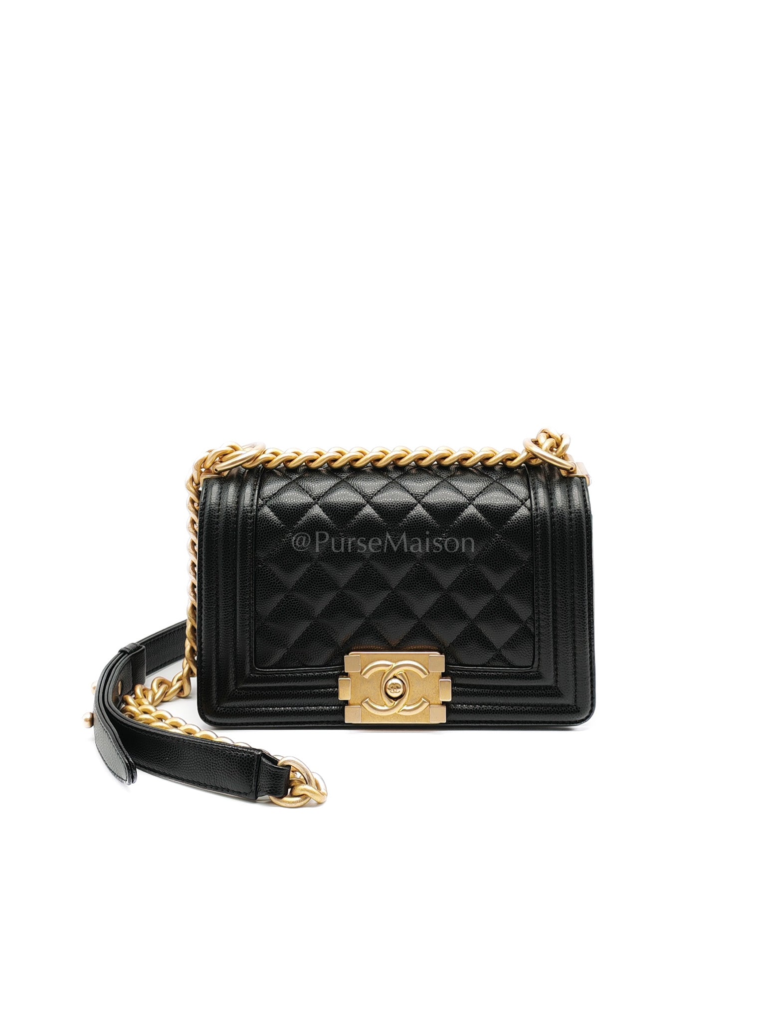 Boy Small in Black Quilted Caviar Leather and Aged Gold Hardware Series 29 | Purse Maison Luxury Bags Shop