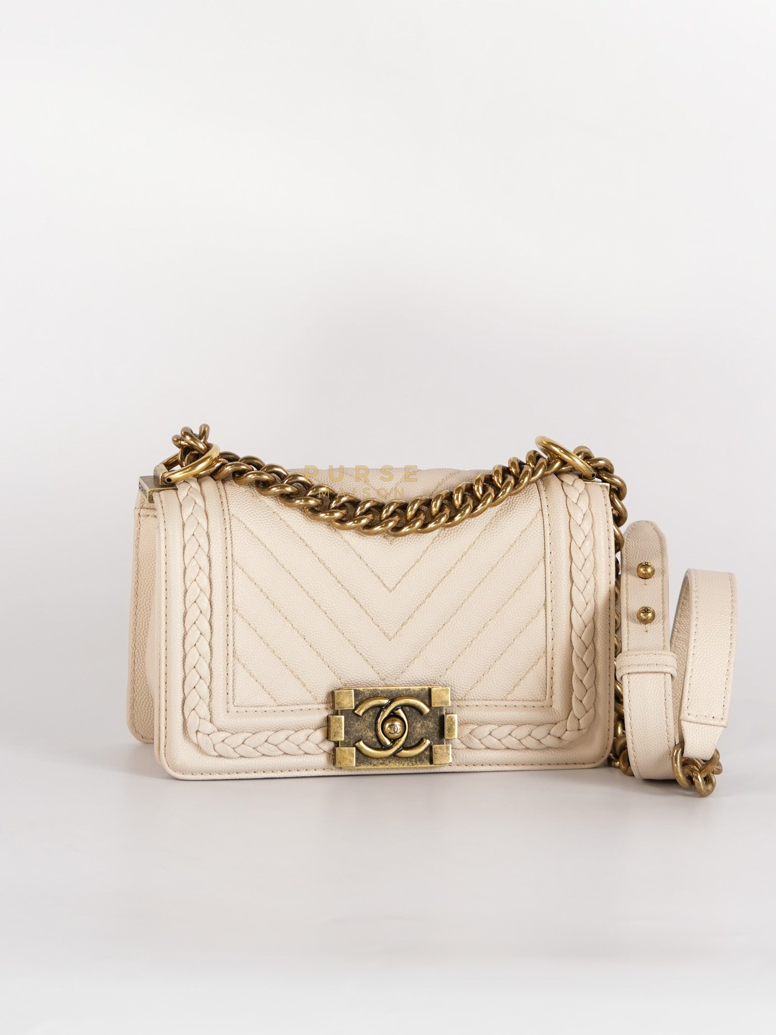 Boy Small in Cream Chevron Caviar Leather Aged Gold Hardware Series 25 | Purse Maison Luxury Bags Shop