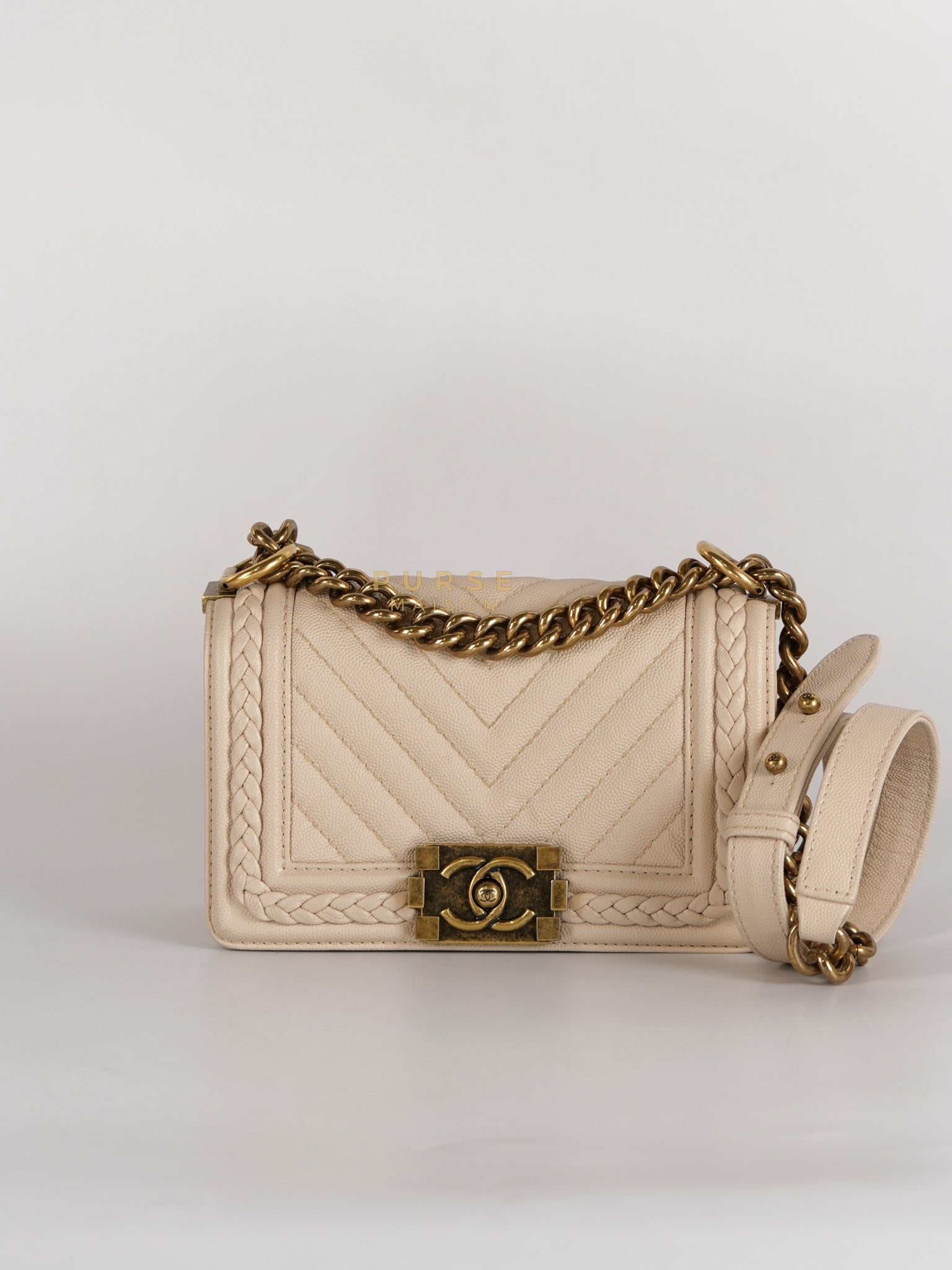 Boy Small in Cream Chevron Caviar Leather Aged Gold Hardware Series 25 | Purse Maison Luxury Bags Shop