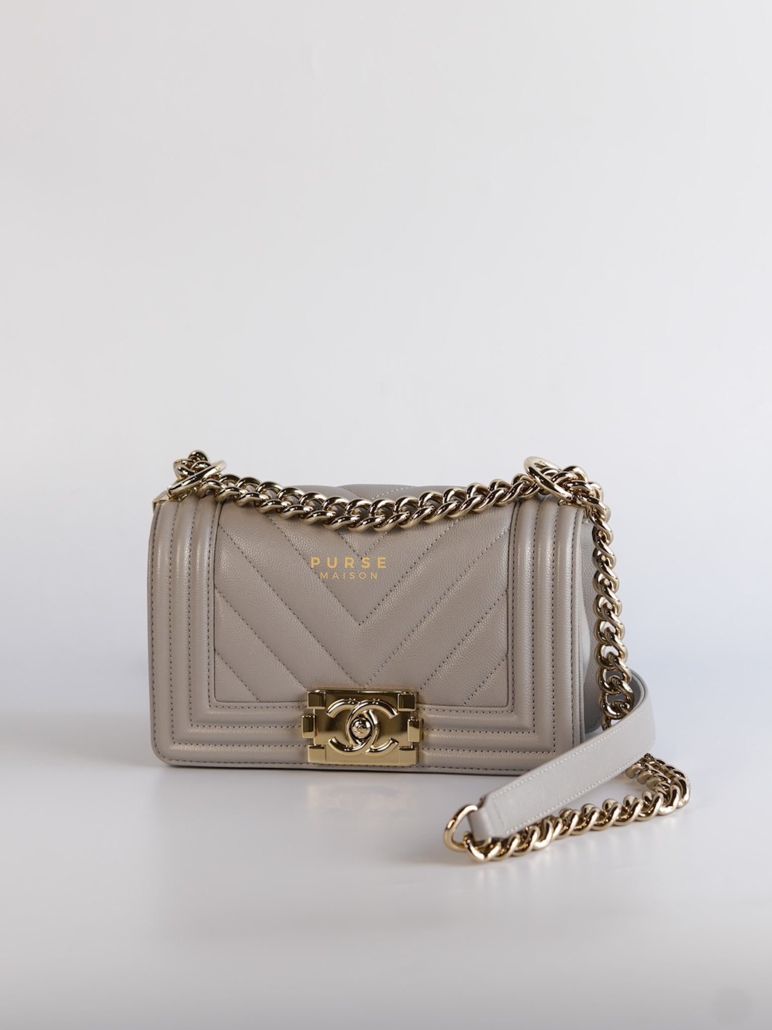 Boy Small in Grey Chevron Caviar & Light Gold Hardware (Microchip) | Purse Maison Luxury Bags Shop