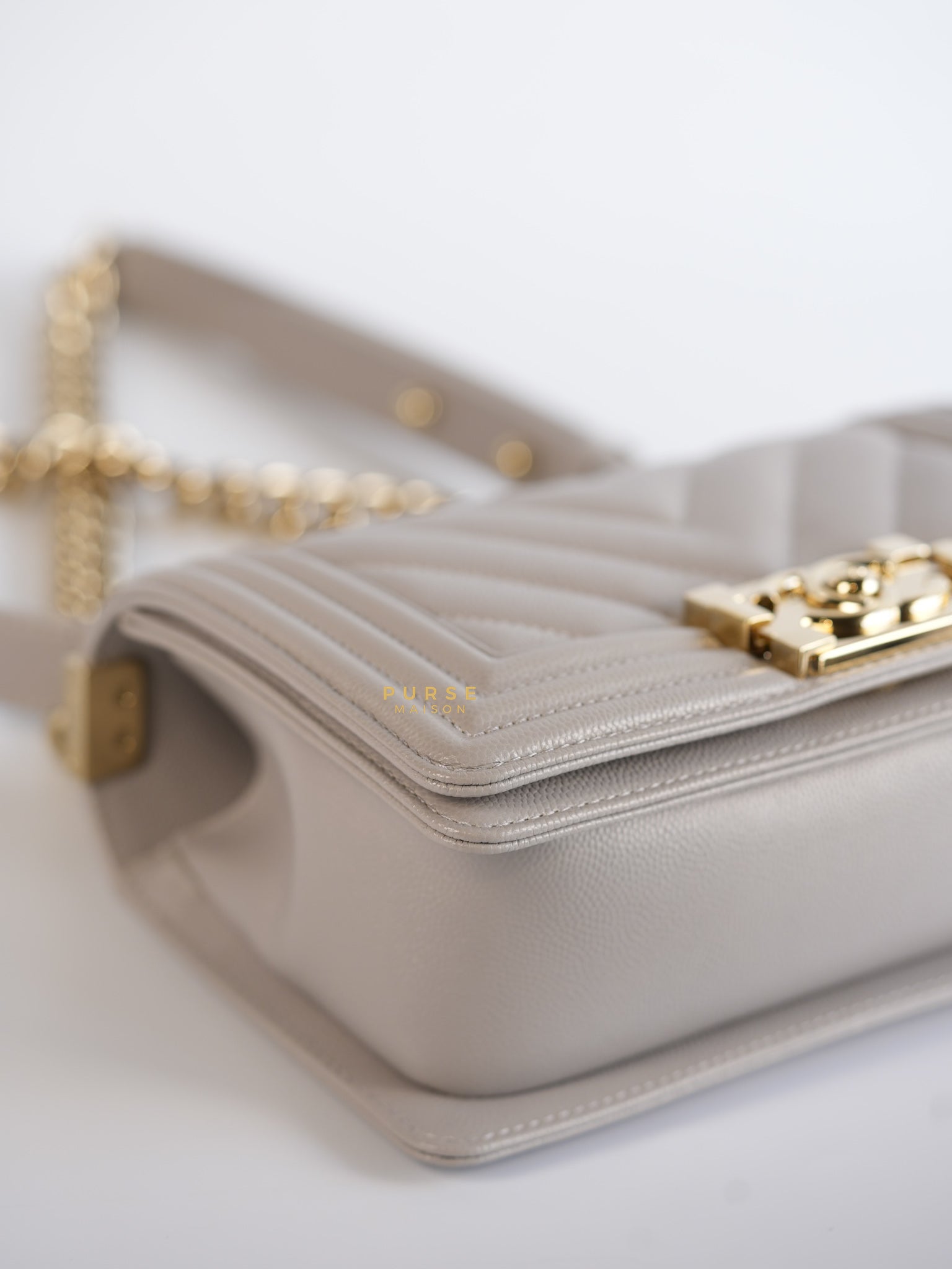 Boy Small in Grey Chevron Caviar & Light Gold Hardware (Microchip) | Purse Maison Luxury Bags Shop