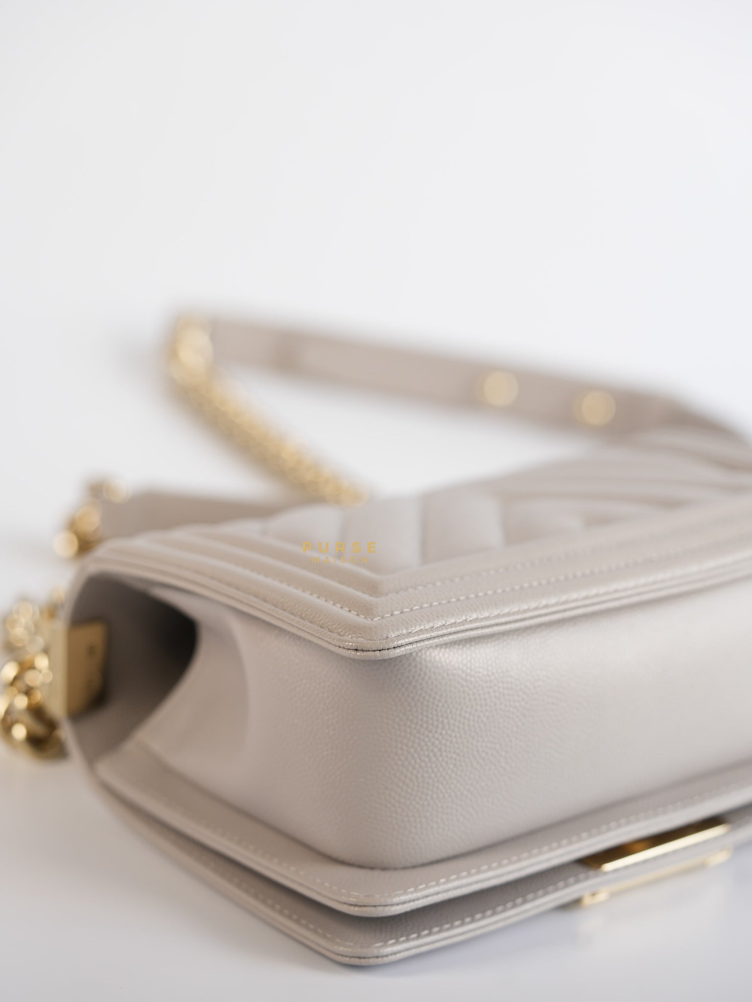 Boy Small in Grey Chevron Caviar & Light Gold Hardware (Microchip) | Purse Maison Luxury Bags Shop