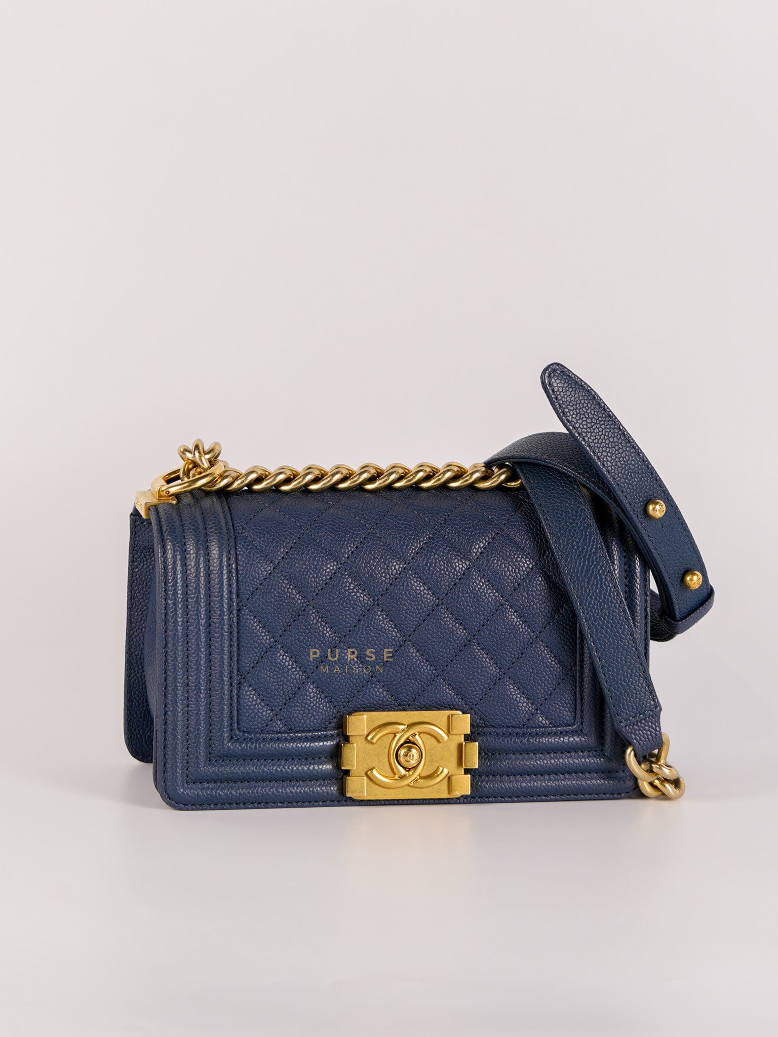 Boy Small in Navy Blue Caviar Leather & Aged Gold Hardware (Series 23) | Purse Maison Luxury Bags Shop