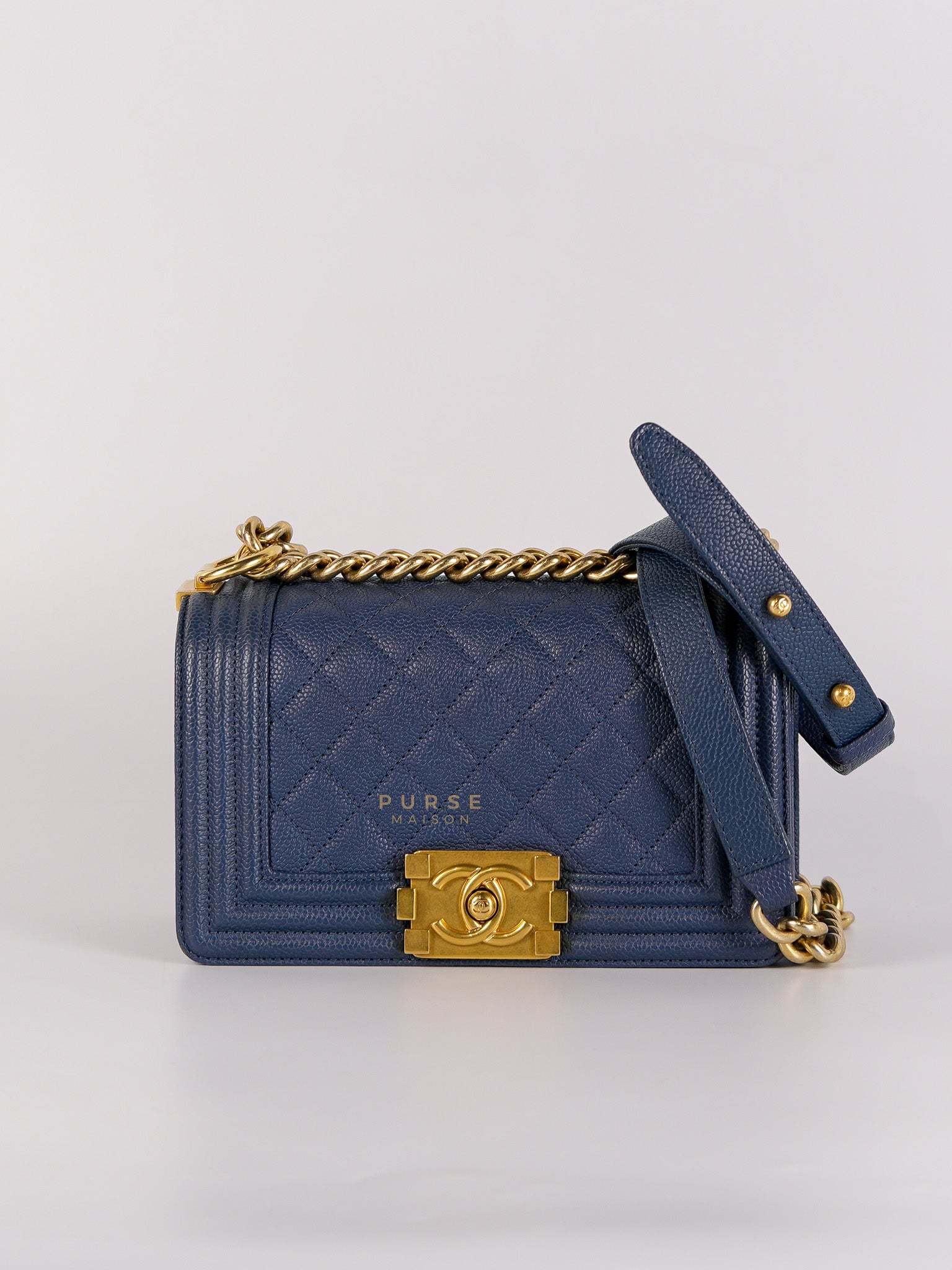 Boy Small in Navy Blue Caviar Leather & Aged Gold Hardware (Series 23) | Purse Maison Luxury Bags Shop