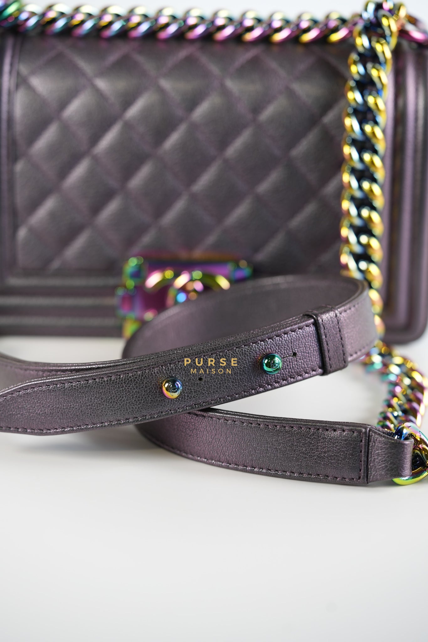 Boy Small Iridescent Purple Mermaid Quilted Goatskin with Rainbow Hardware Series 21 | Purse Maison Luxury Bags Shop