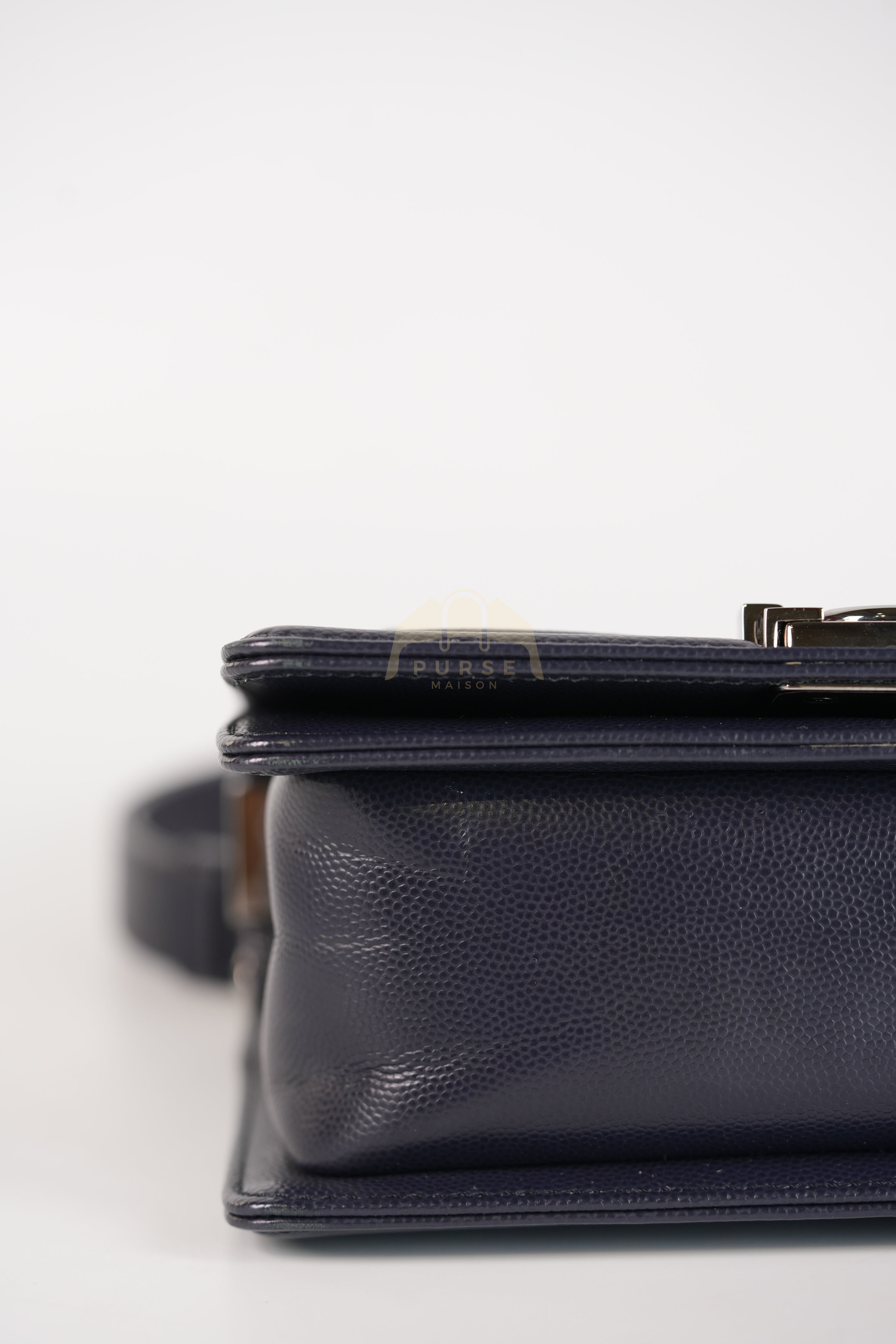 Boy Small Navy Blue in Chevron Caviar Leather and Silver Hardware Series 25 | Purse Maison Luxury Bags Shop