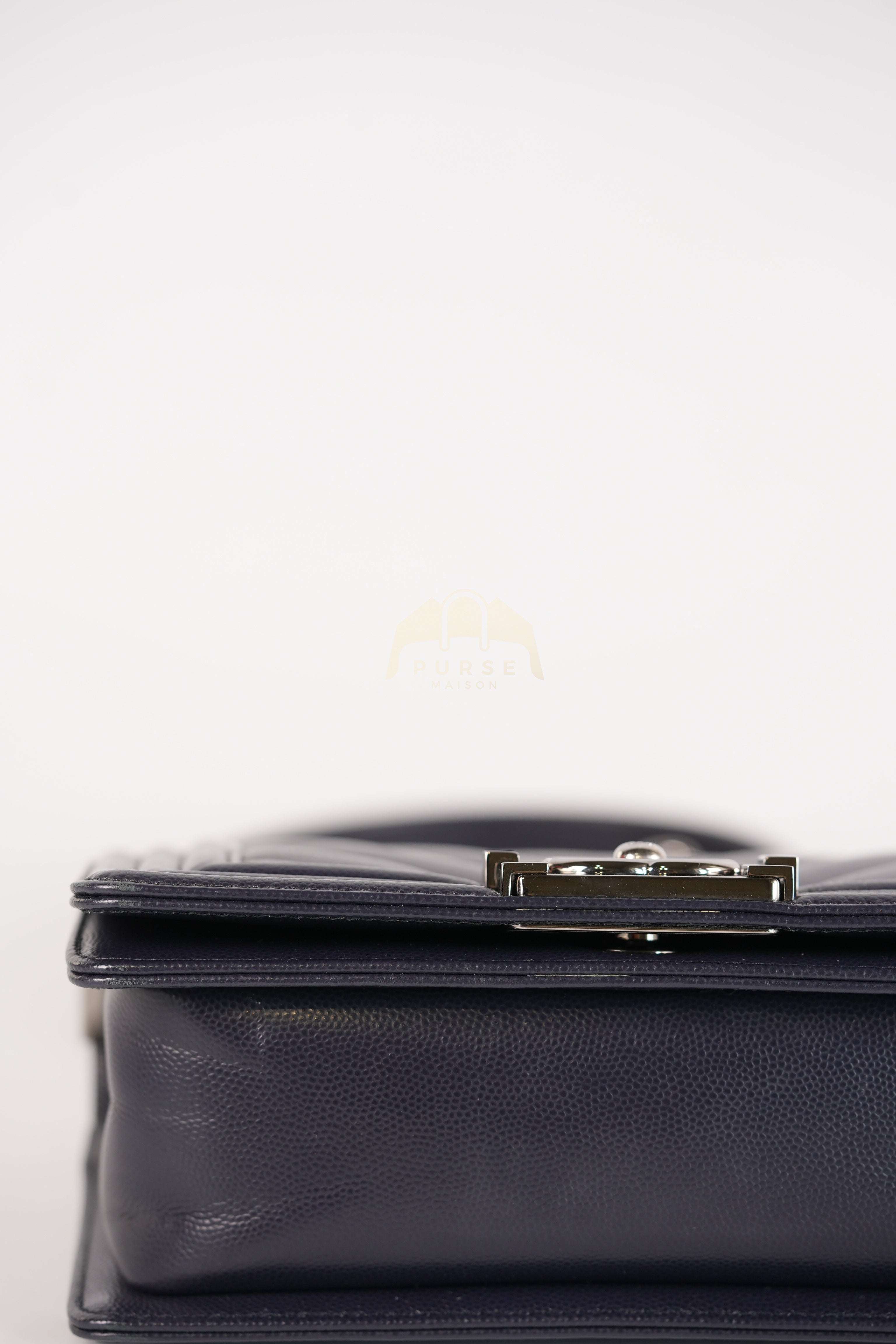 Boy Small Navy Blue in Chevron Caviar Leather and Silver Hardware Series 25 | Purse Maison Luxury Bags Shop