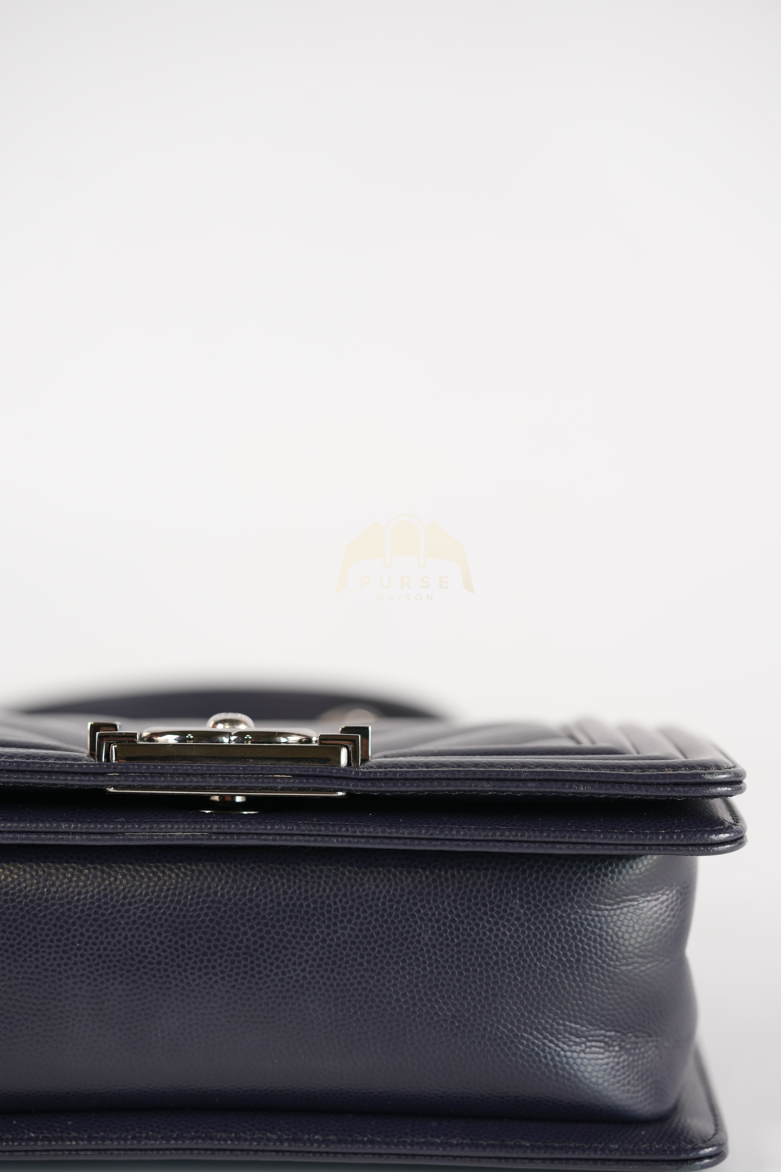 Boy Small Navy Blue in Chevron Caviar Leather and Silver Hardware Series 25 | Purse Maison Luxury Bags Shop