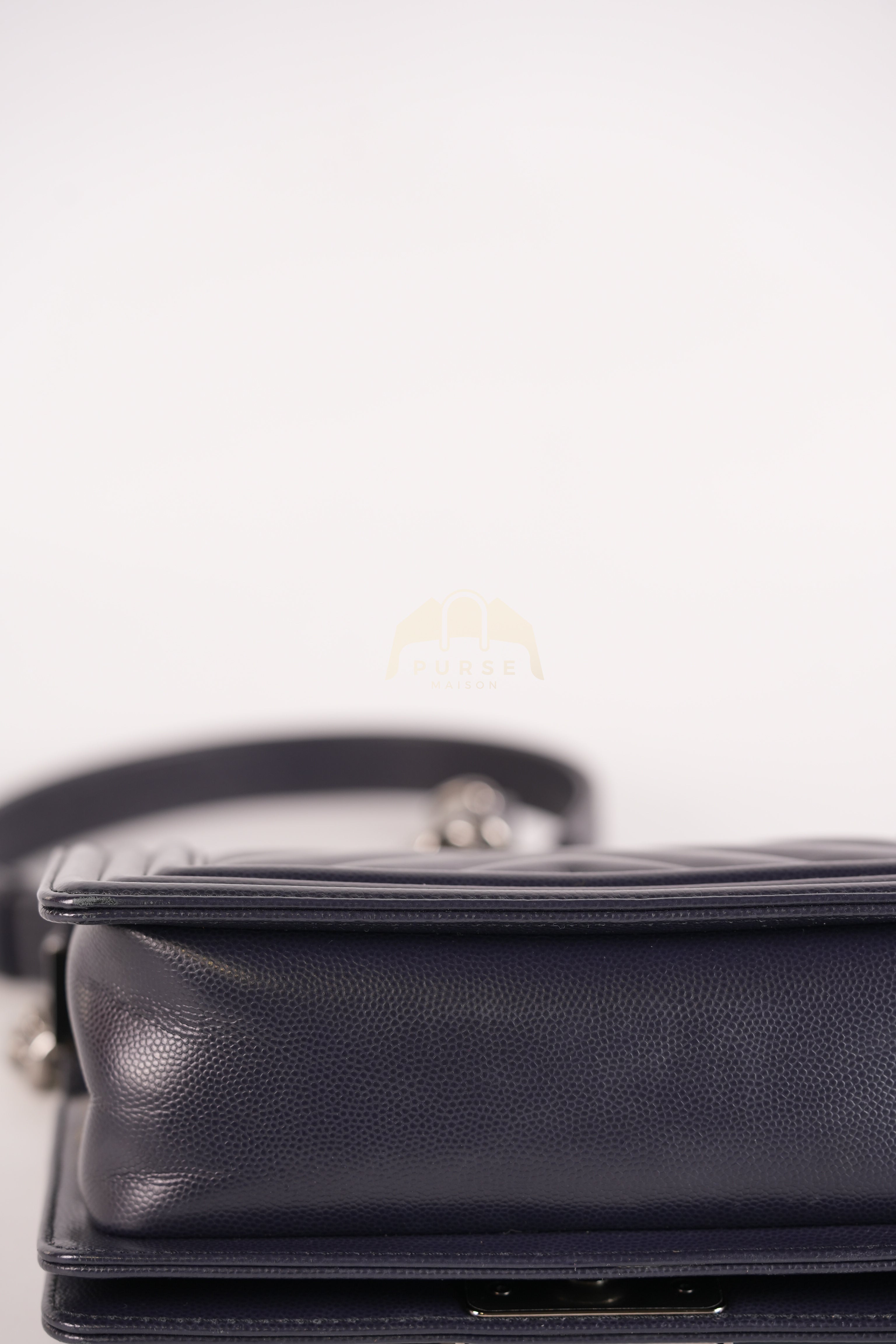 Boy Small Navy Blue in Chevron Caviar Leather and Silver Hardware Series 25 | Purse Maison Luxury Bags Shop
