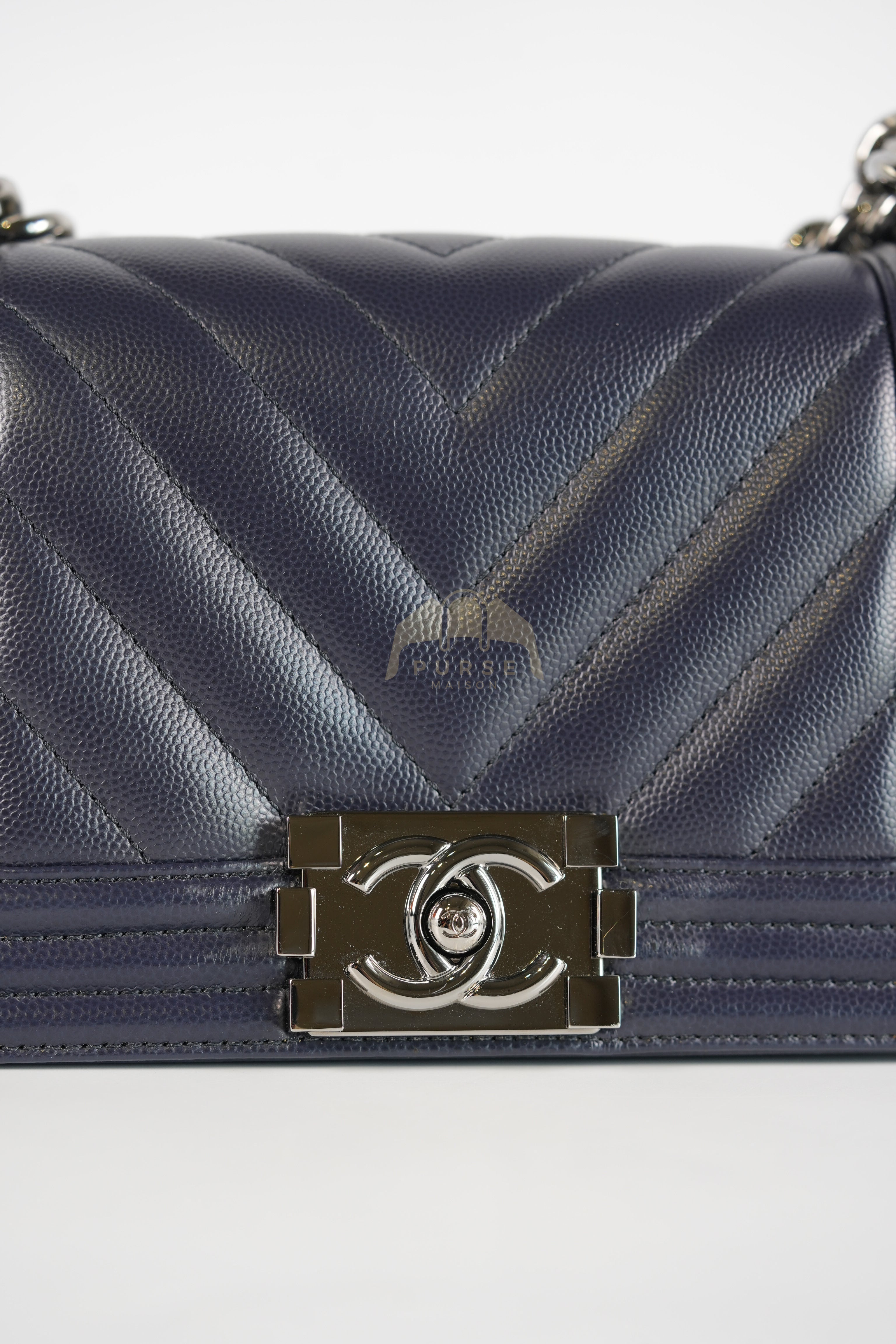 Boy Small Navy Blue in Chevron Caviar Leather and Silver Hardware Series 25 | Purse Maison Luxury Bags Shop