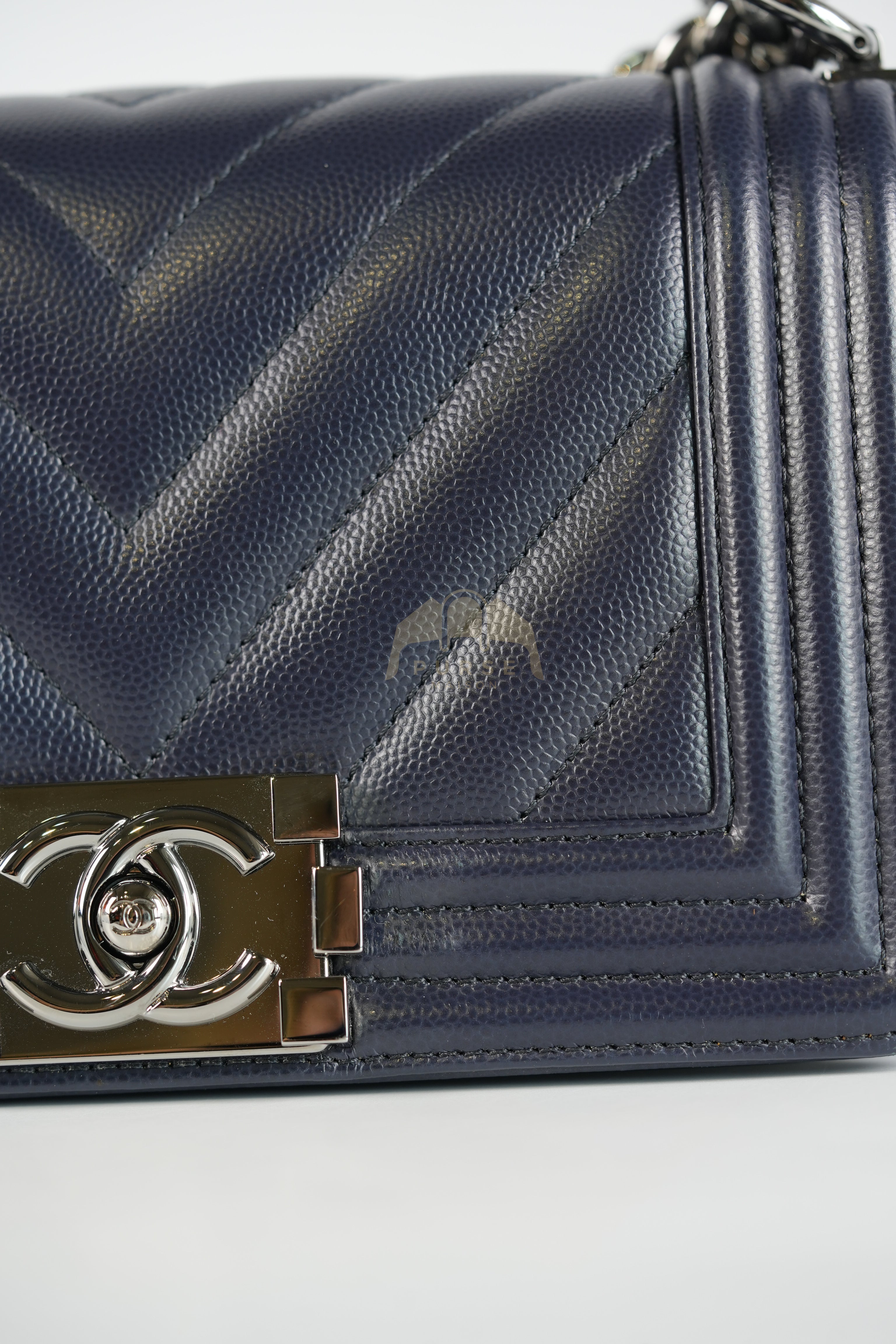 Boy Small Navy Blue in Chevron Caviar Leather and Silver Hardware Series 25 | Purse Maison Luxury Bags Shop