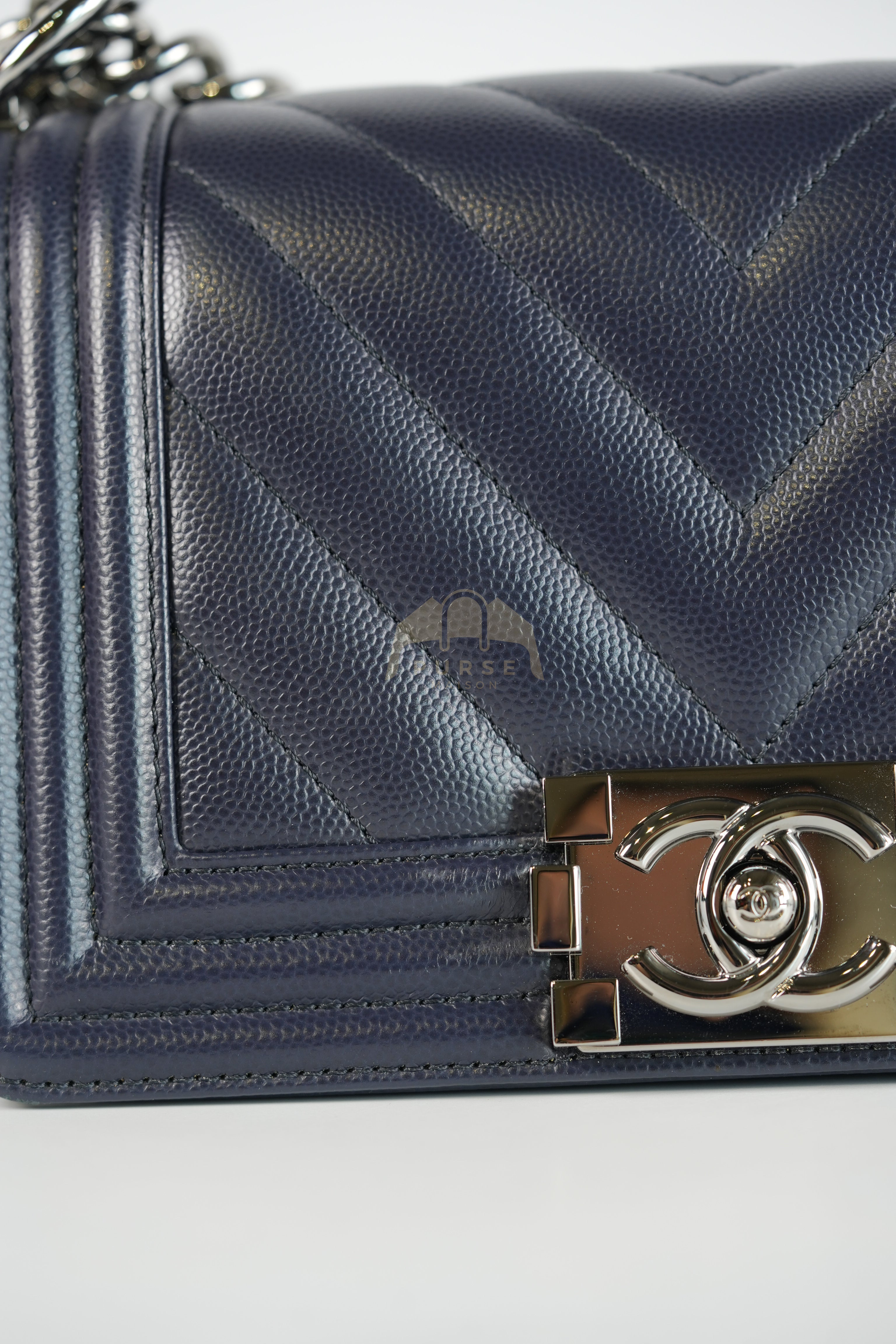 Boy Small Navy Blue in Chevron Caviar Leather and Silver Hardware Series 25 | Purse Maison Luxury Bags Shop