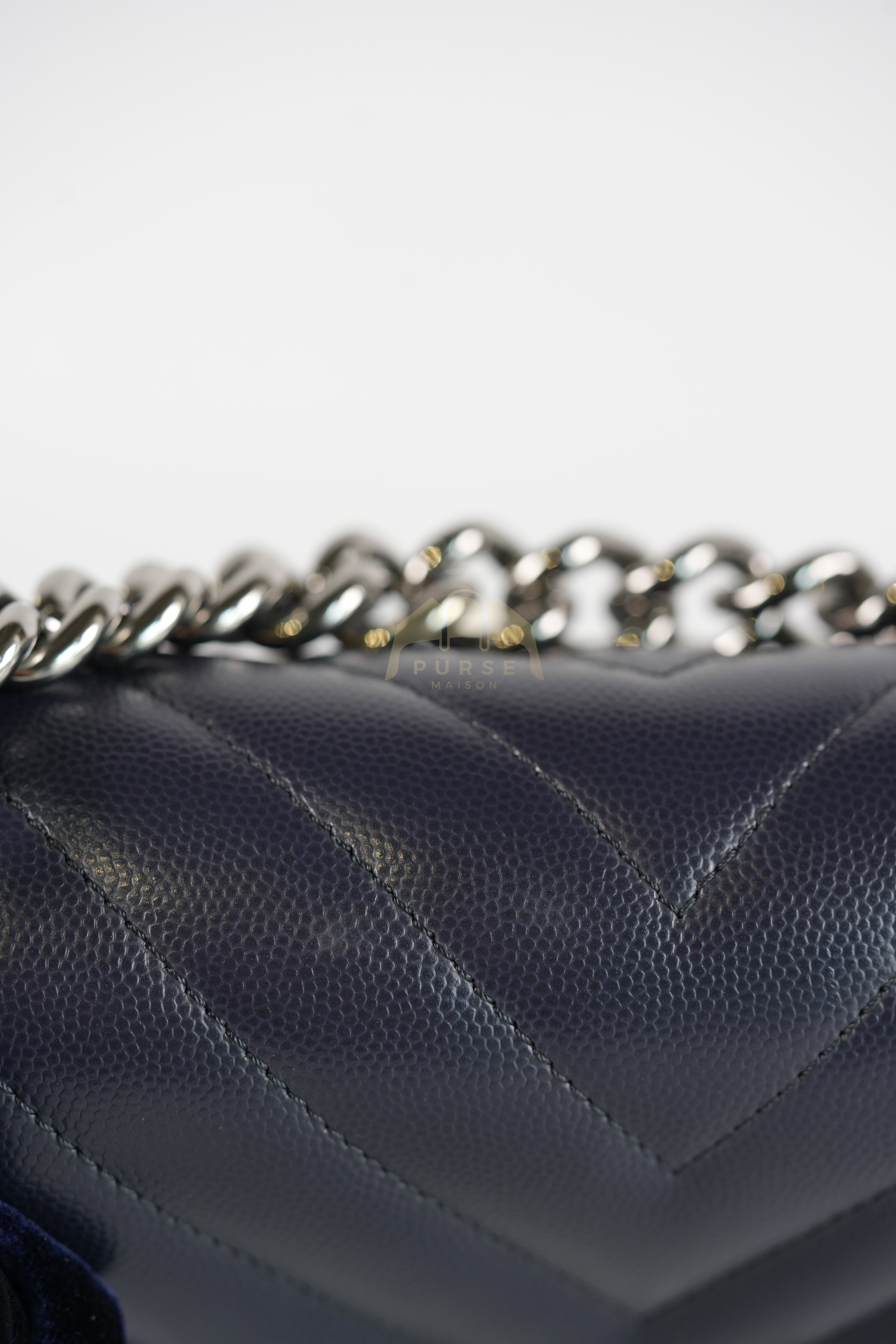 Boy Small Navy Blue in Chevron Caviar Leather and Silver Hardware Series 25 | Purse Maison Luxury Bags Shop