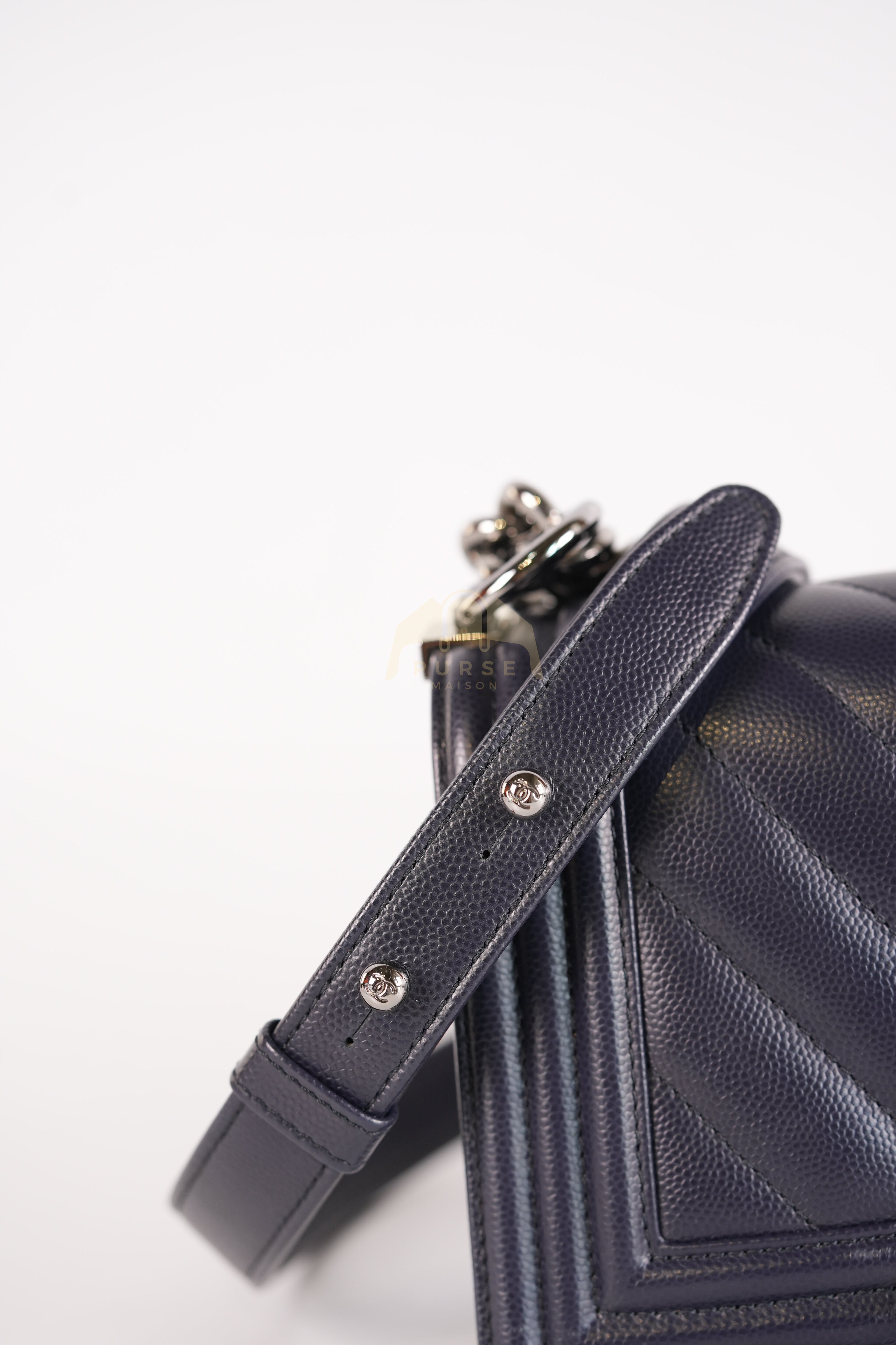 Boy Small Navy Blue in Chevron Caviar Leather and Silver Hardware Series 25 | Purse Maison Luxury Bags Shop