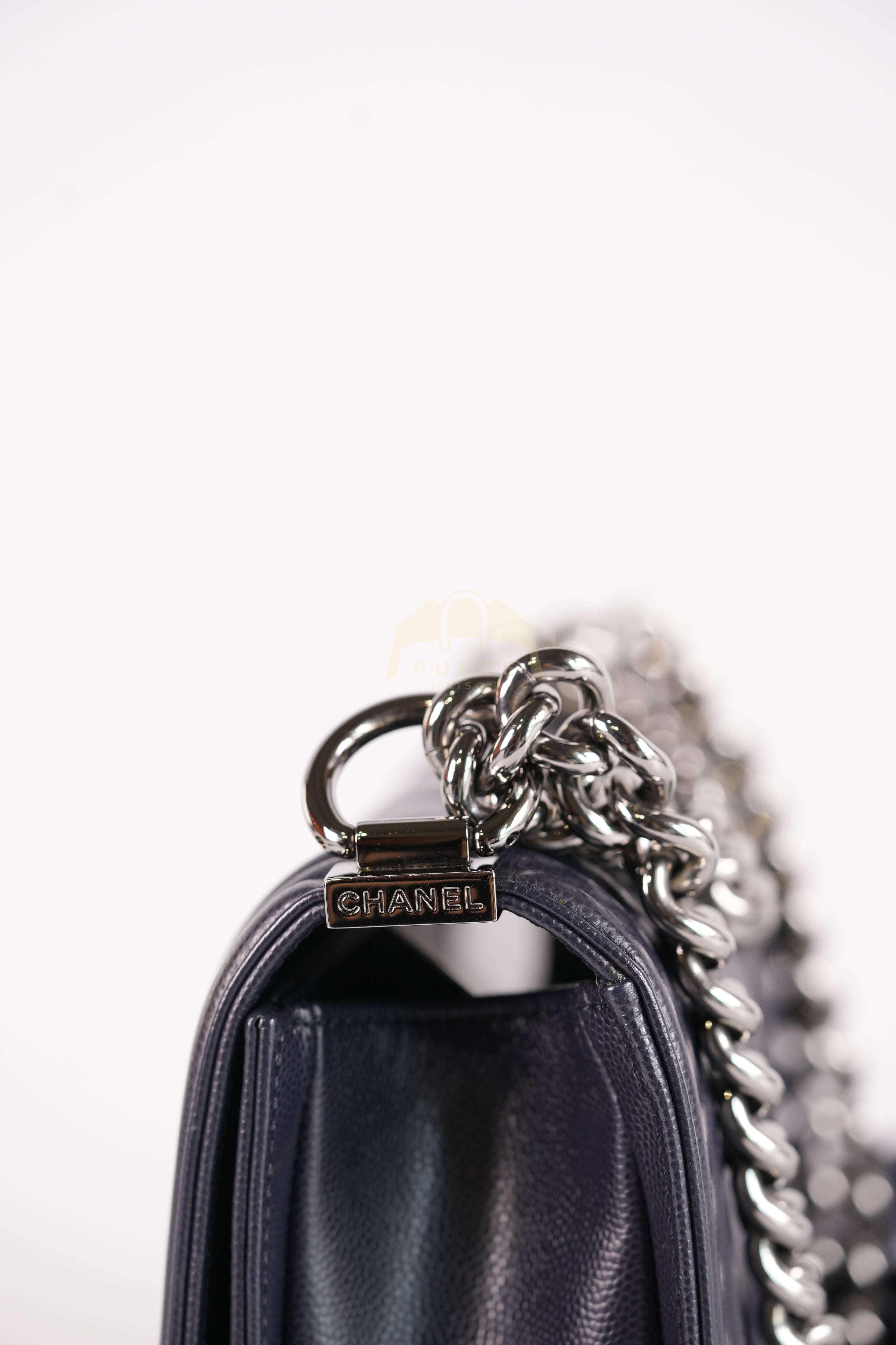 Boy Small Navy Blue in Chevron Caviar Leather and Silver Hardware Series 25 | Purse Maison Luxury Bags Shop