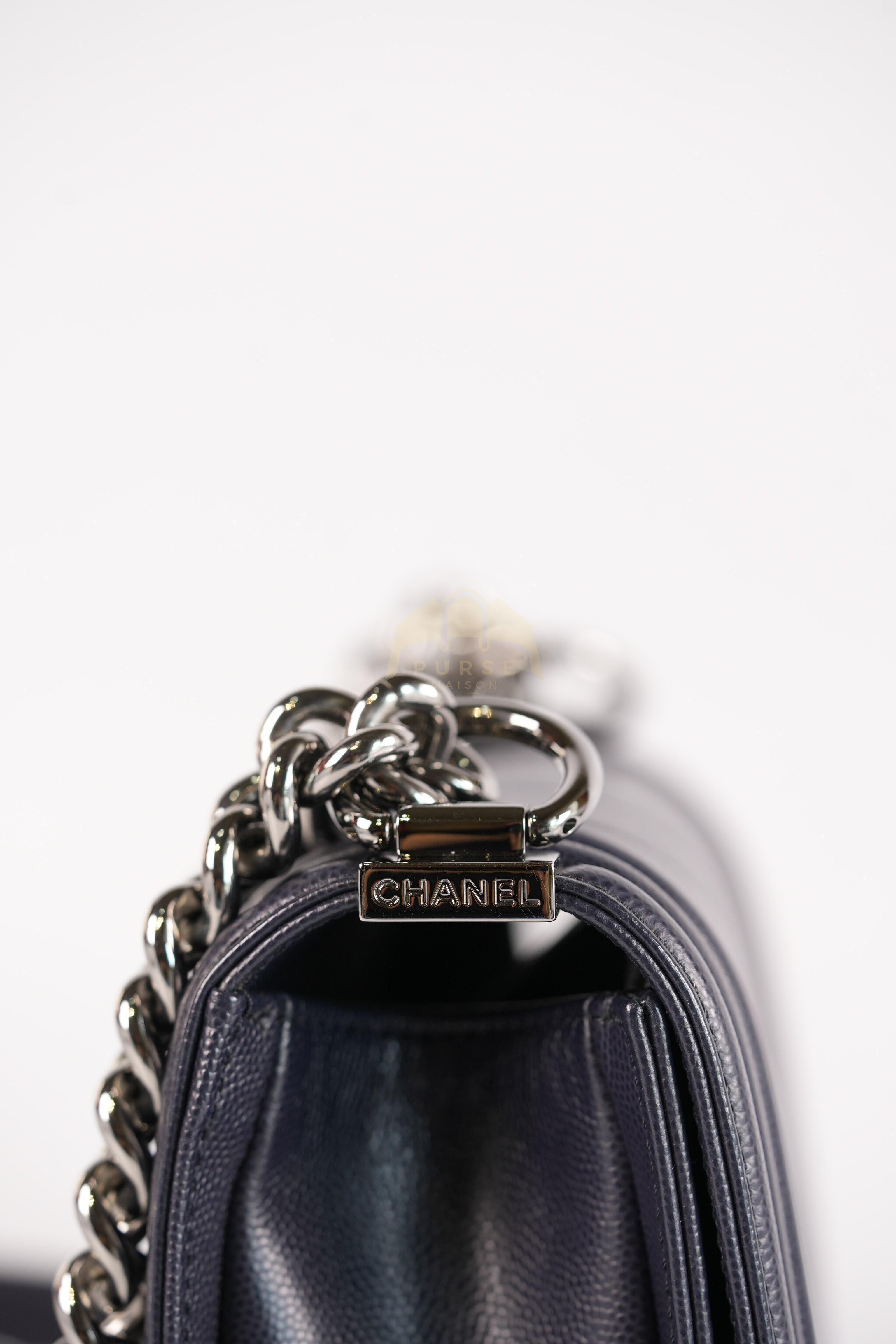 Boy Small Navy Blue in Chevron Caviar Leather and Silver Hardware Series 25 | Purse Maison Luxury Bags Shop