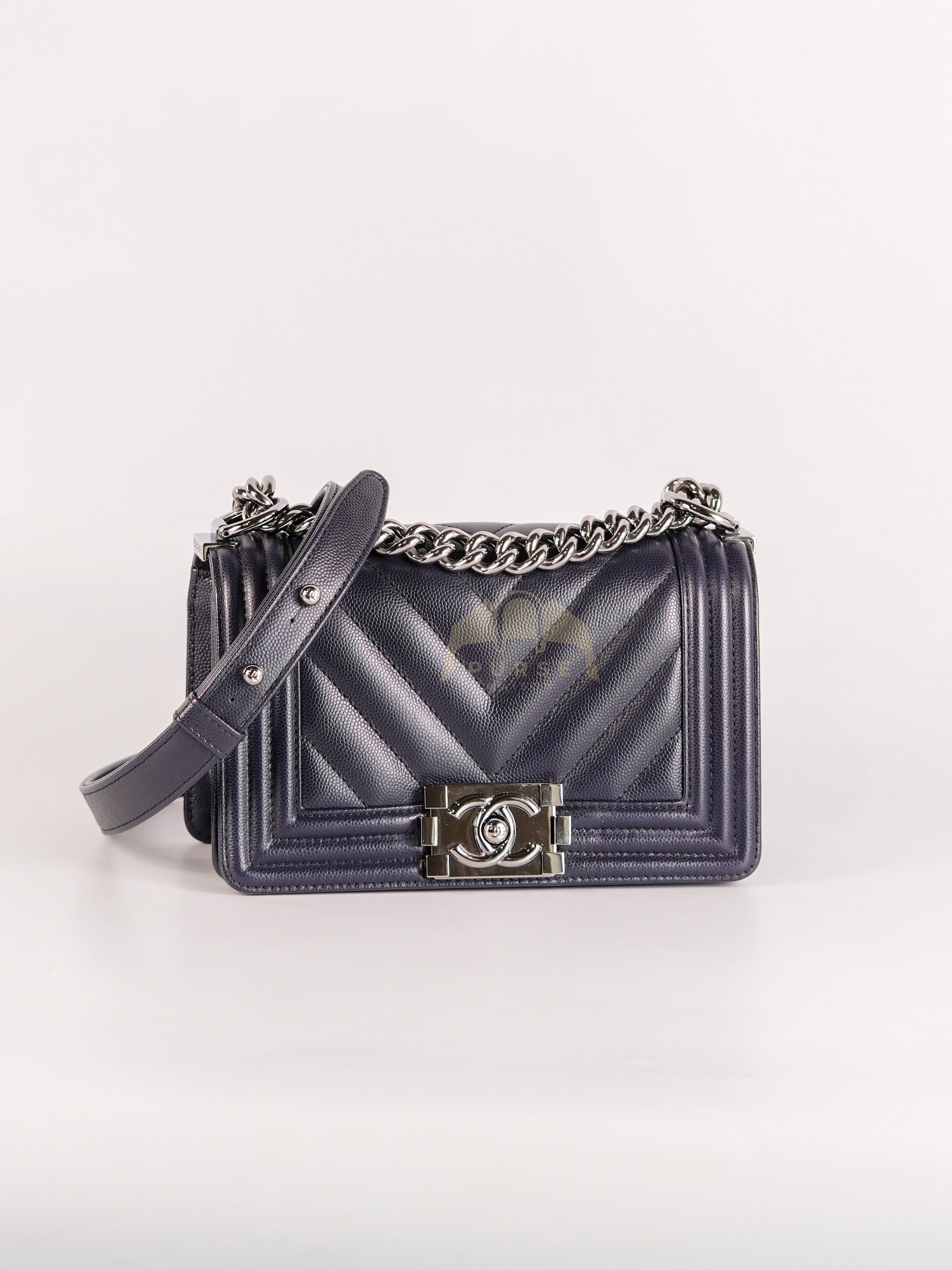 Boy Small Navy Blue in Chevron Caviar Leather and Silver Hardware Series 25 | Purse Maison Luxury Bags Shop
