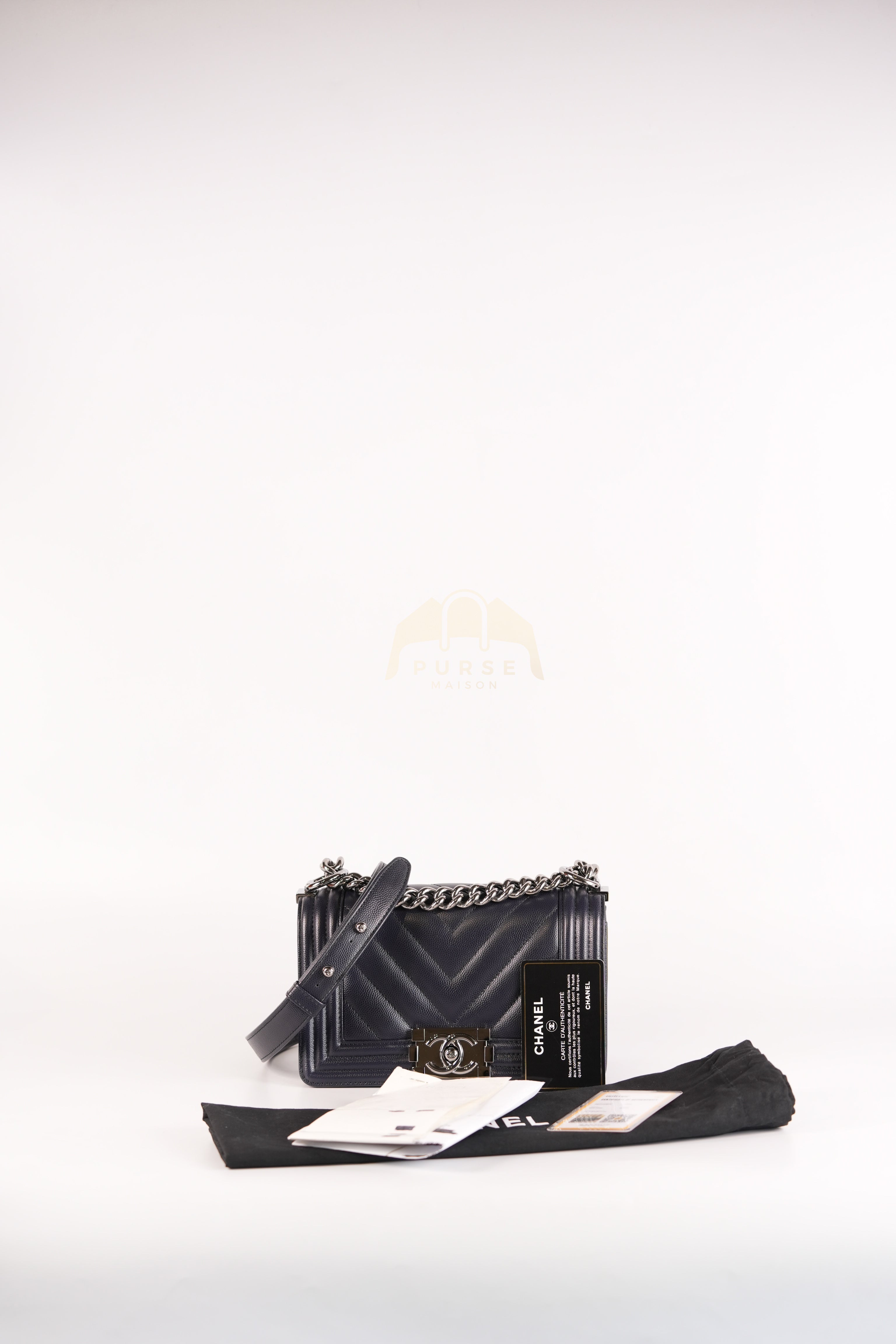 Boy Small Navy Blue in Chevron Caviar Leather and Silver Hardware Series 25 | Purse Maison Luxury Bags Shop