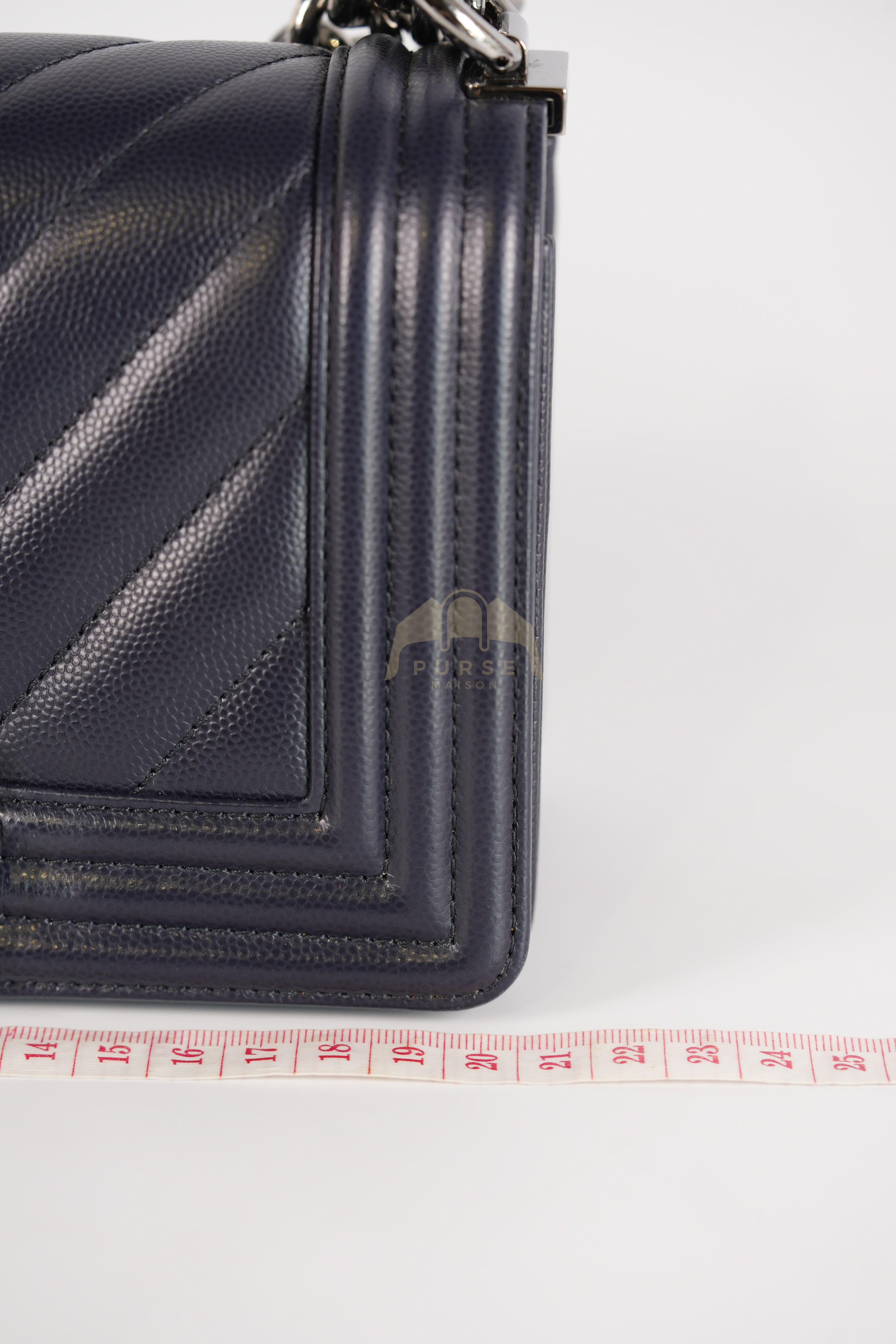 Boy Small Navy Blue in Chevron Caviar Leather and Silver Hardware Series 25 | Purse Maison Luxury Bags Shop