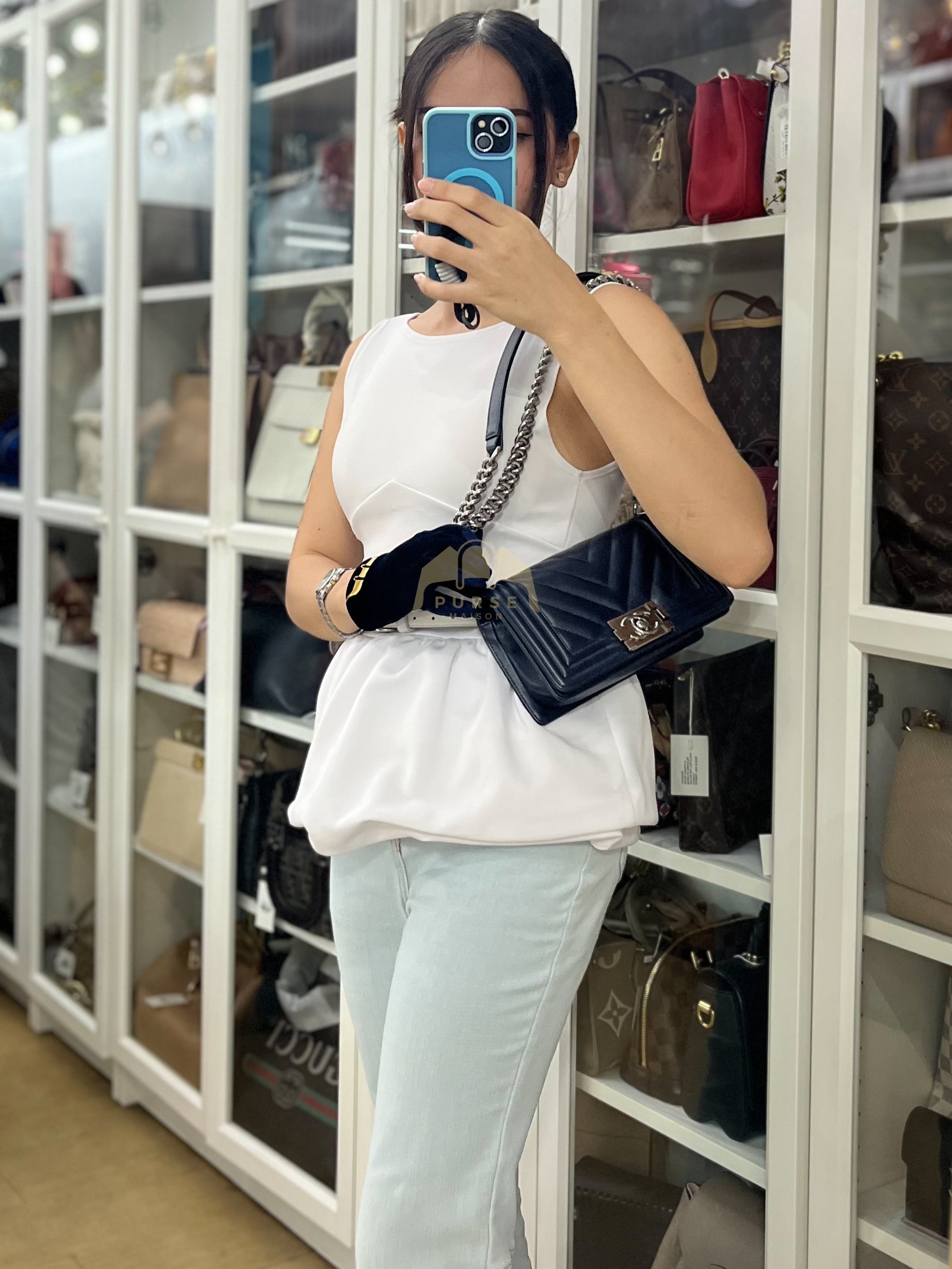 Boy Small Navy Blue in Chevron Caviar Leather and Silver Hardware Series 25 | Purse Maison Luxury Bags Shop