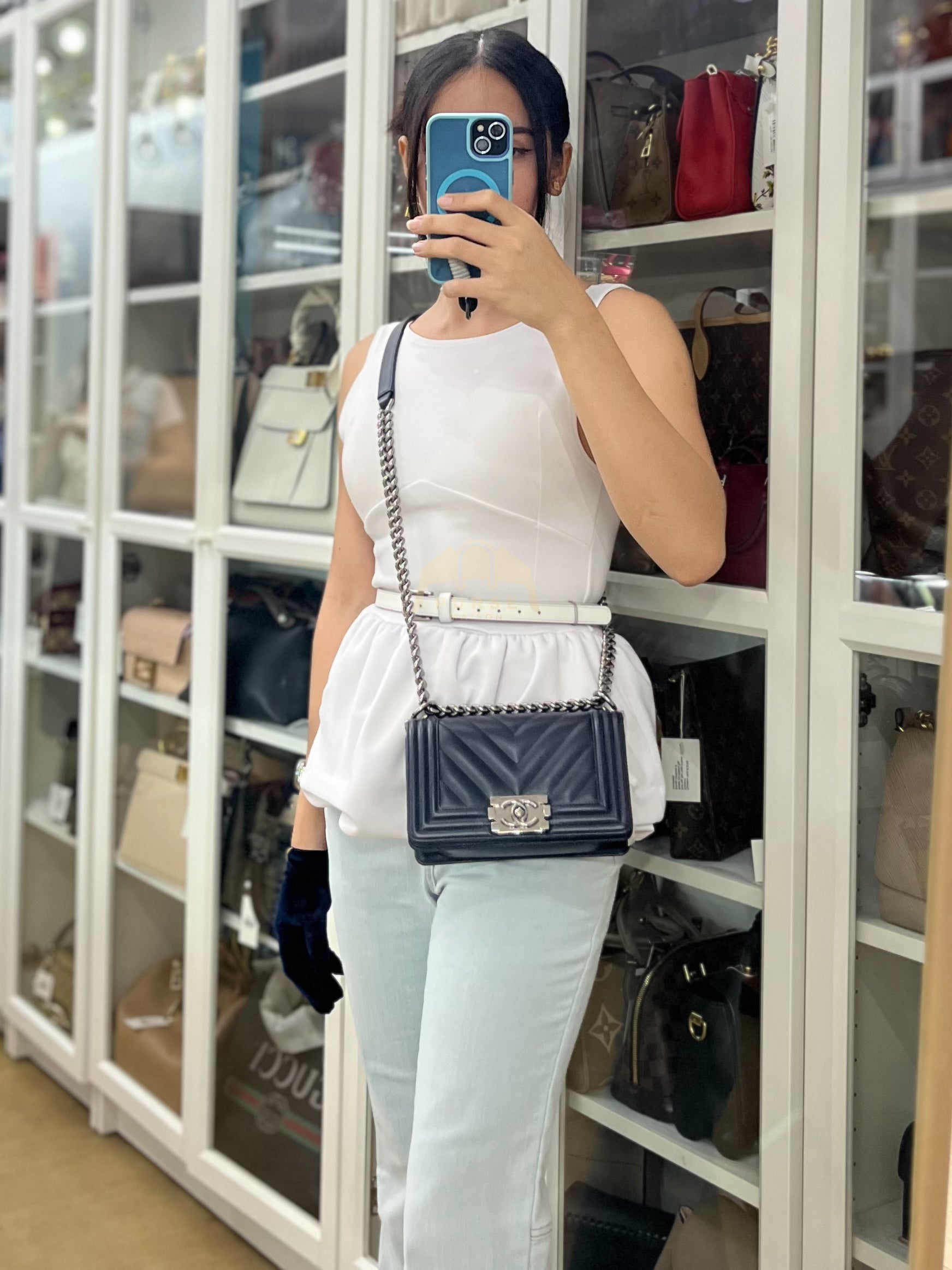 Boy Small Navy Blue in Chevron Caviar Leather and Silver Hardware Series 25 | Purse Maison Luxury Bags Shop