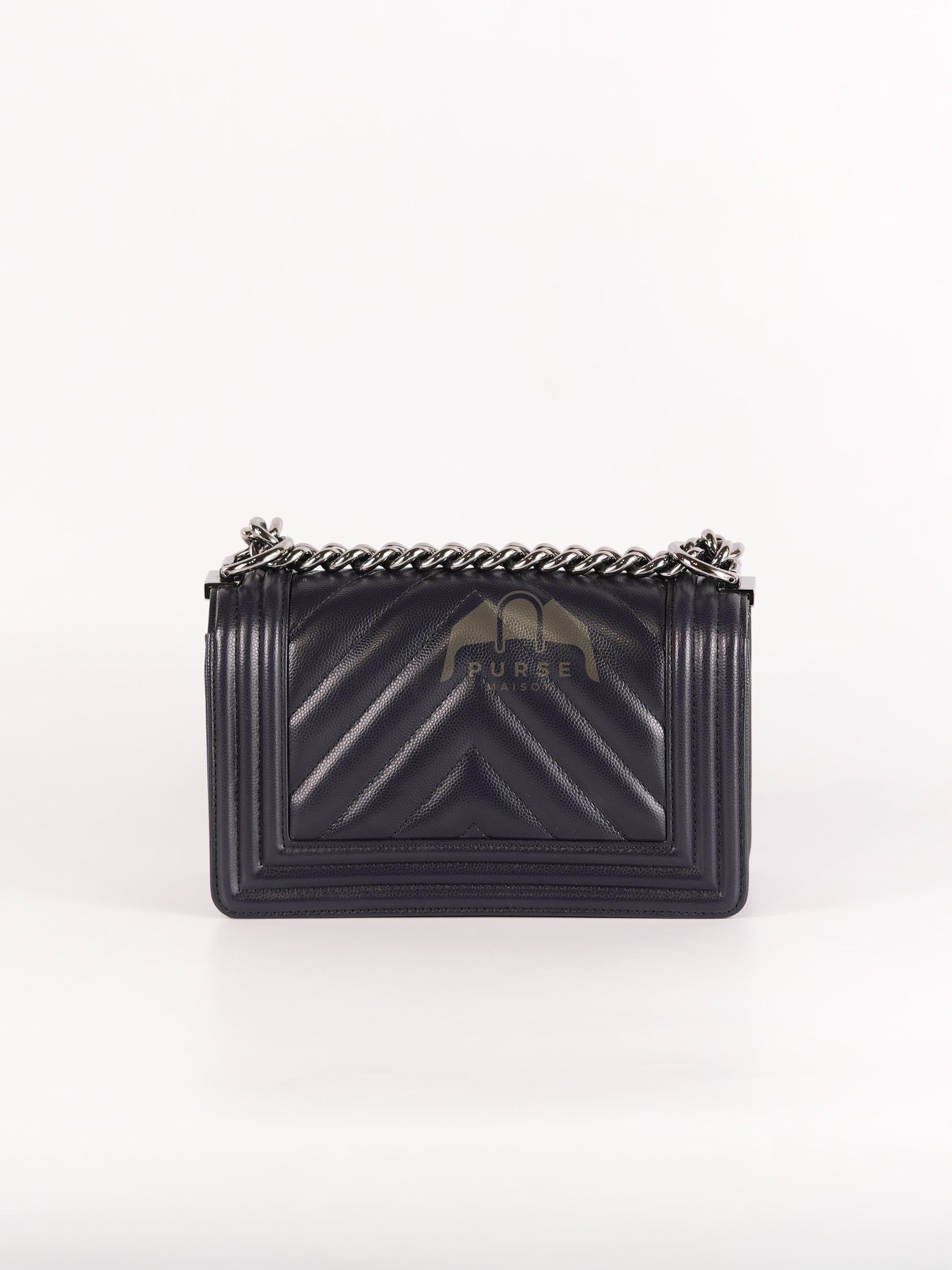 Boy Small Navy Blue in Chevron Caviar Leather and Silver Hardware Series 25 | Purse Maison Luxury Bags Shop