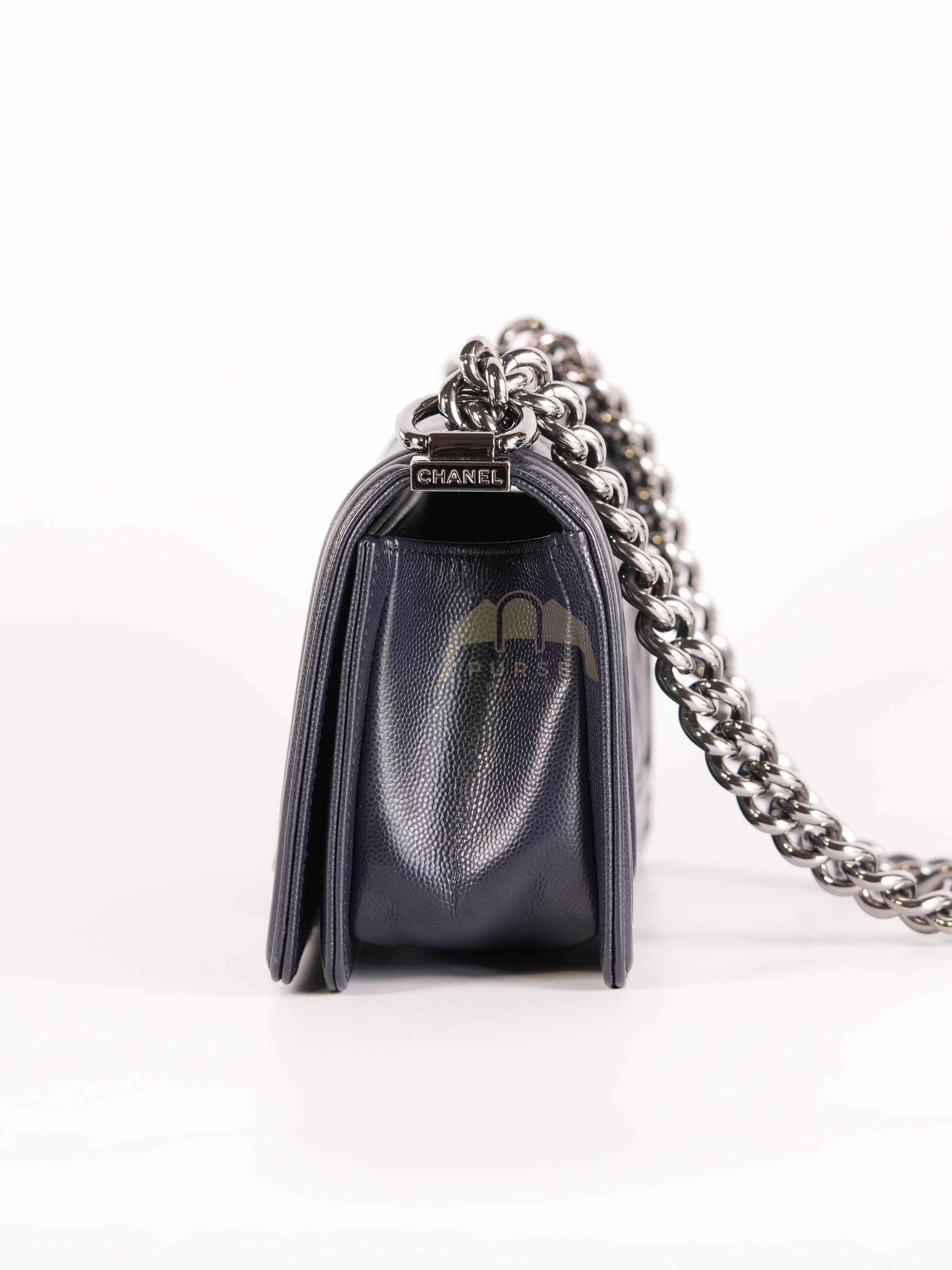 Boy Small Navy Blue in Chevron Caviar Leather and Silver Hardware Series 25 | Purse Maison Luxury Bags Shop